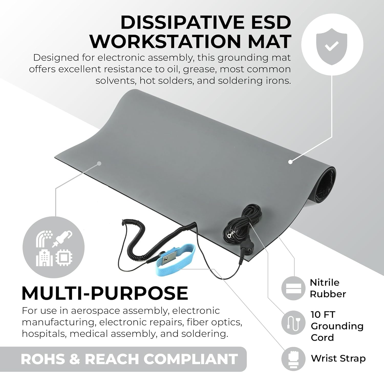 MWRF ESD Mat Kit with Wrist Strap and Grounding Cord - MWRF Source (18 Inches x 30 Inches x 0.12 Inch, Grey)