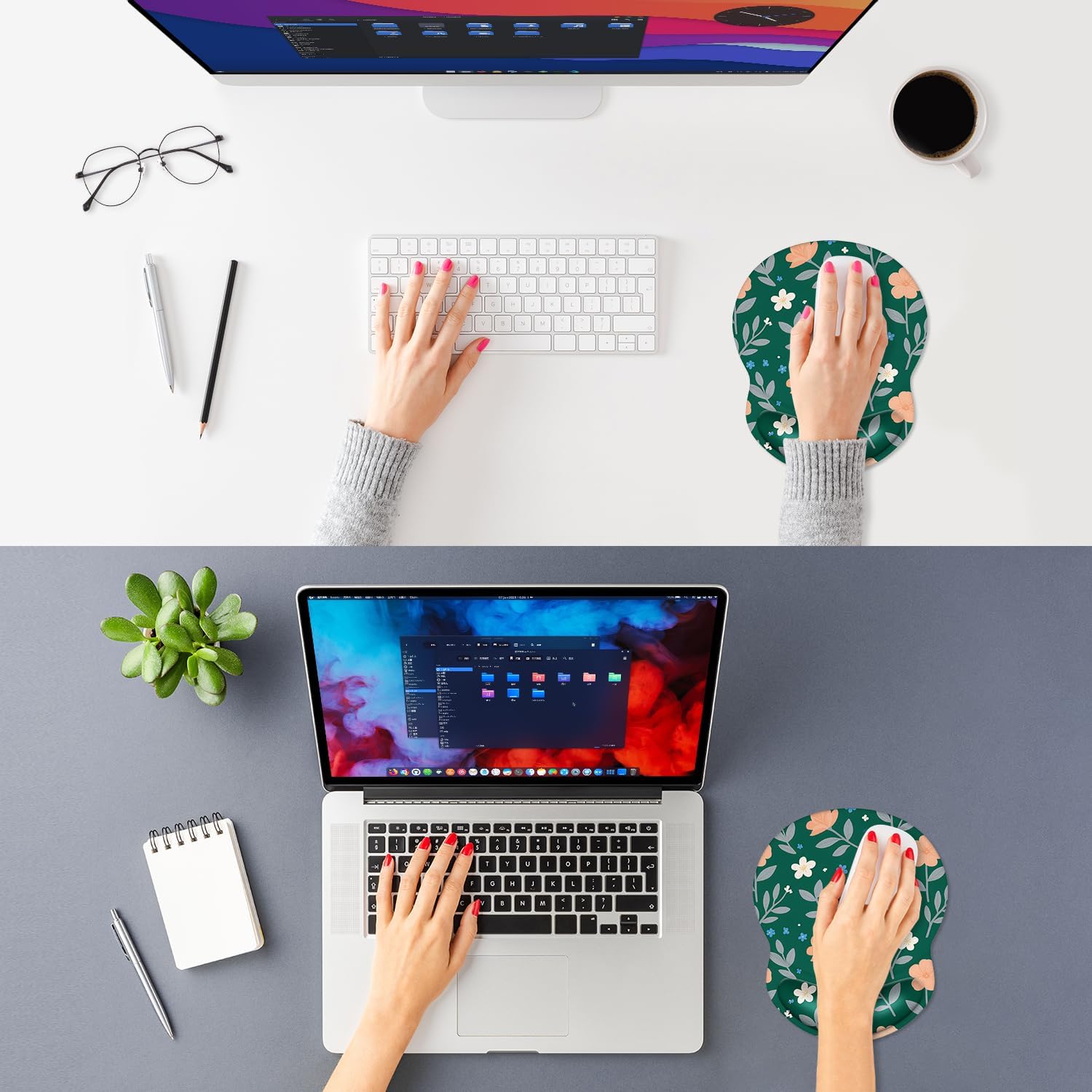 ITNRSIIET Ergonomic Mouse Pad with Comfort Gel Wrist Rest, Non-Slip PU Base, Smooth Textured Surface, Reduces Hand Fatigue & Wrist Pain, 8.7 x 7.2 Inch for Office Gaming Home, VintageBloom