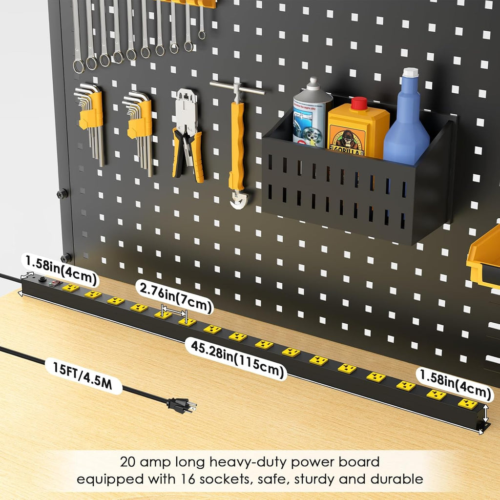 JUNNUJ Long Metal 16 Outlet Power Strip, Heavy Duty Power Strips Surge Protection 4800J with Circuit Breaker, 20a Wide Spaced Socket Wall Mount 5-15P Adapter High Amp 6-20R T-Slot 15FT Extension Cord