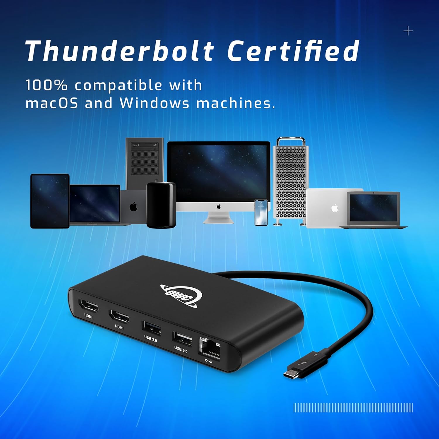 OWC Thunderbolt mini Dock, Bus-Powered 5-Port Multi-Adapter with Dual 4K HDMI, Dual USB, Gigabit Ethernet, Integrated 7.2-inch TB Cable, for TB (USB-C) Equipped Mac and PC