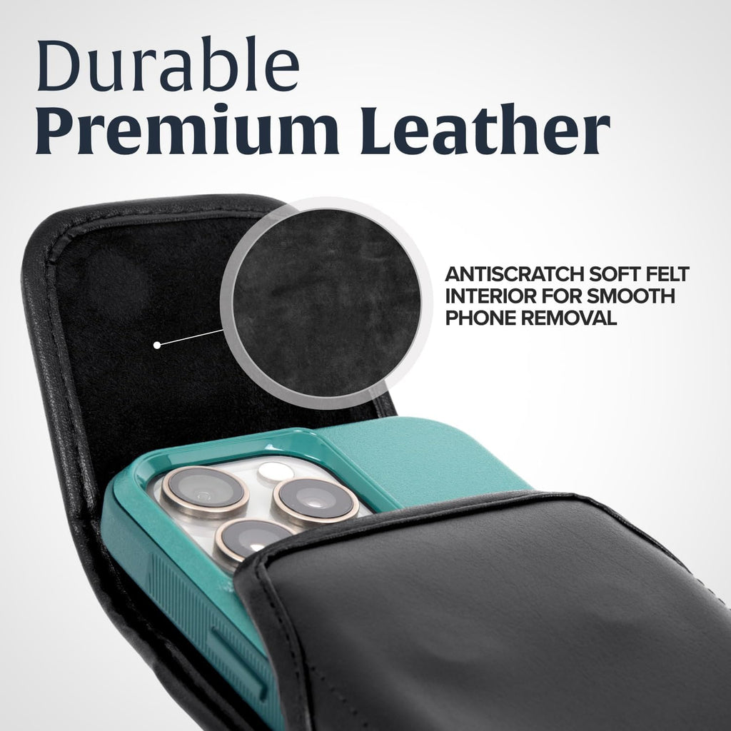 Turtleback Belt Holder for iPhone 16 Pro, 16e, 15 pro 14 Pro 13 Pro -Medium- Fits w/Shockproof Commuter Style Cases, Premium Black Leather Vertical Holster, Magnetic Closure Leather Wrapped Clip