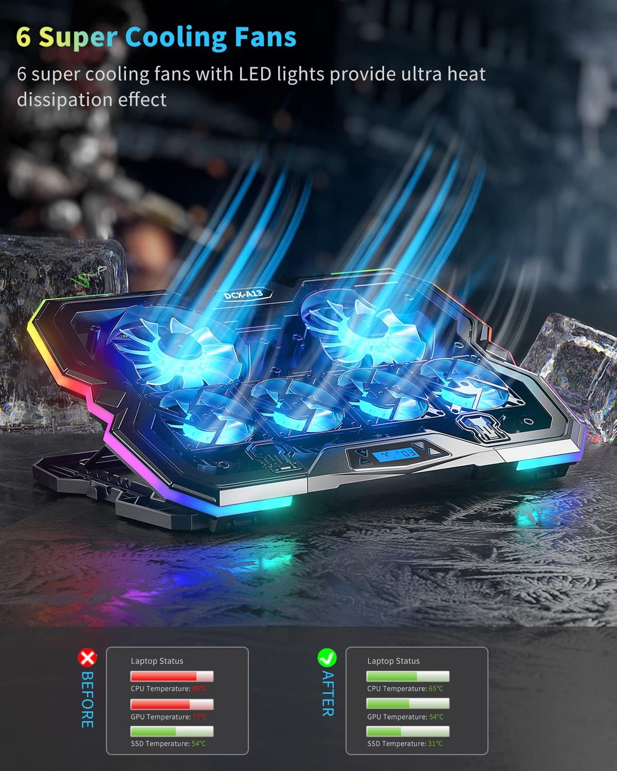 KeiBn Upgrade Laptop Cooling Pad A13,RGB Lights Laptop Cooler 6 Fans for up to 15.6 Inch Laptops,10 Modes Light, 7 Height Stands, 2 USB Ports - Blue