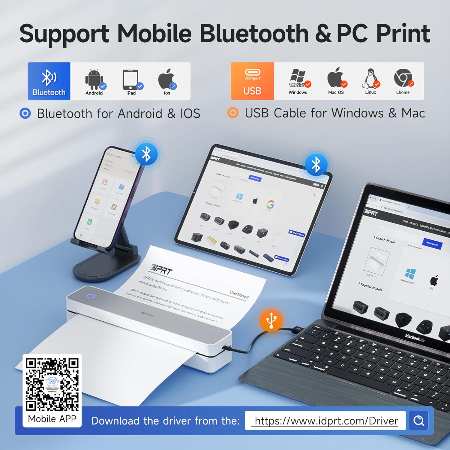 iDPRT Portable Printer Wireless for Travel - Bluetooth Mobile Printer Support for 8.5"x11" US Letter, Inkless Compatible with iOS, Android, Laptop for Office, Car and Home (pro, White)