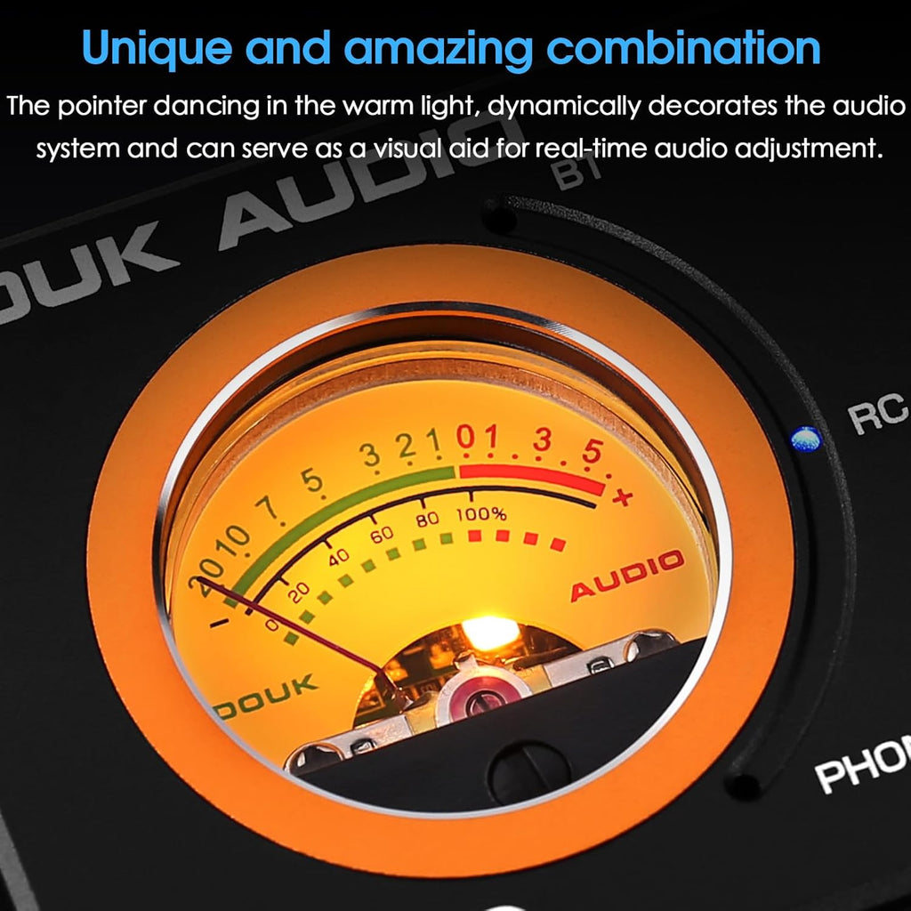 Douk Audio 2 Channel TPA3255 Bluetooth Amplifier 300W x2, Turntable Phono Amp with VU Meter, Treble Bass Control for MM Record Players, Home Theater Speakers (ST-01 Plus)
