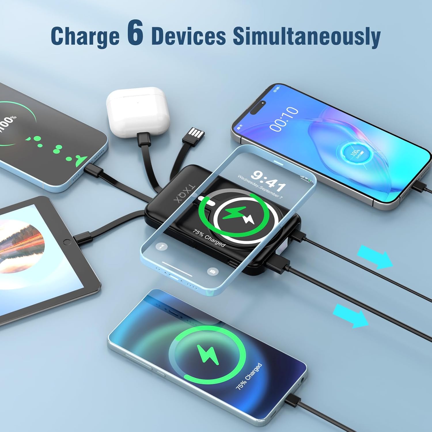 Wireless Portable Charger 10000mAh,Magnetic Power Bank with Built-in Cables LED Display,22.5W PD Fast Charging for Magsafe Battery Pack Compatible with iPhone16/15/14/13/12/Pro/Pro Max (Black)