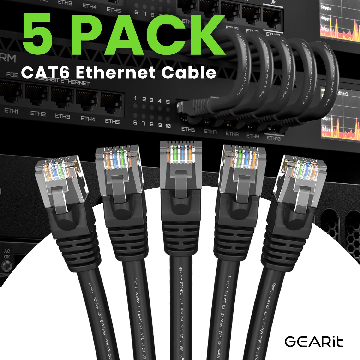 GearIT Cat 6 Ethernet Cable Pack - 5-Pack 35 ft Cat6 Ethernet Patch Cables | RJ45 Network Patch Cable, 10 Gbps Snagless Gold-Plated Connectors - Ethernet Cable Cat 6 for PC, TV, Router - Black