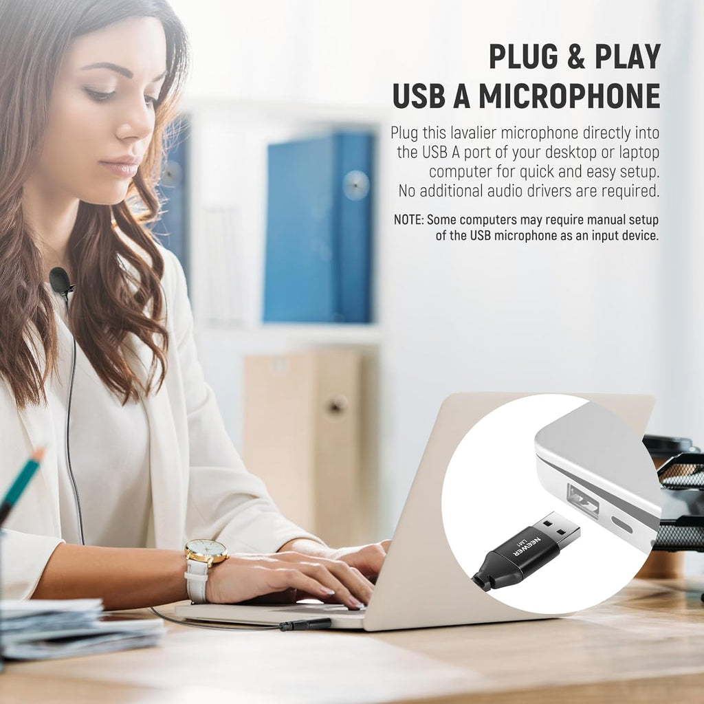 NEEWER USB A Lapel Microphone, Plug & Play Mini Omnidirectional Clip On Lavalier Mic 2m Cable for USB 2.0 Mac Windows PC Laptop Computer YouTube Skype Podcast Gaming Vlog Video Conferencing, LM1