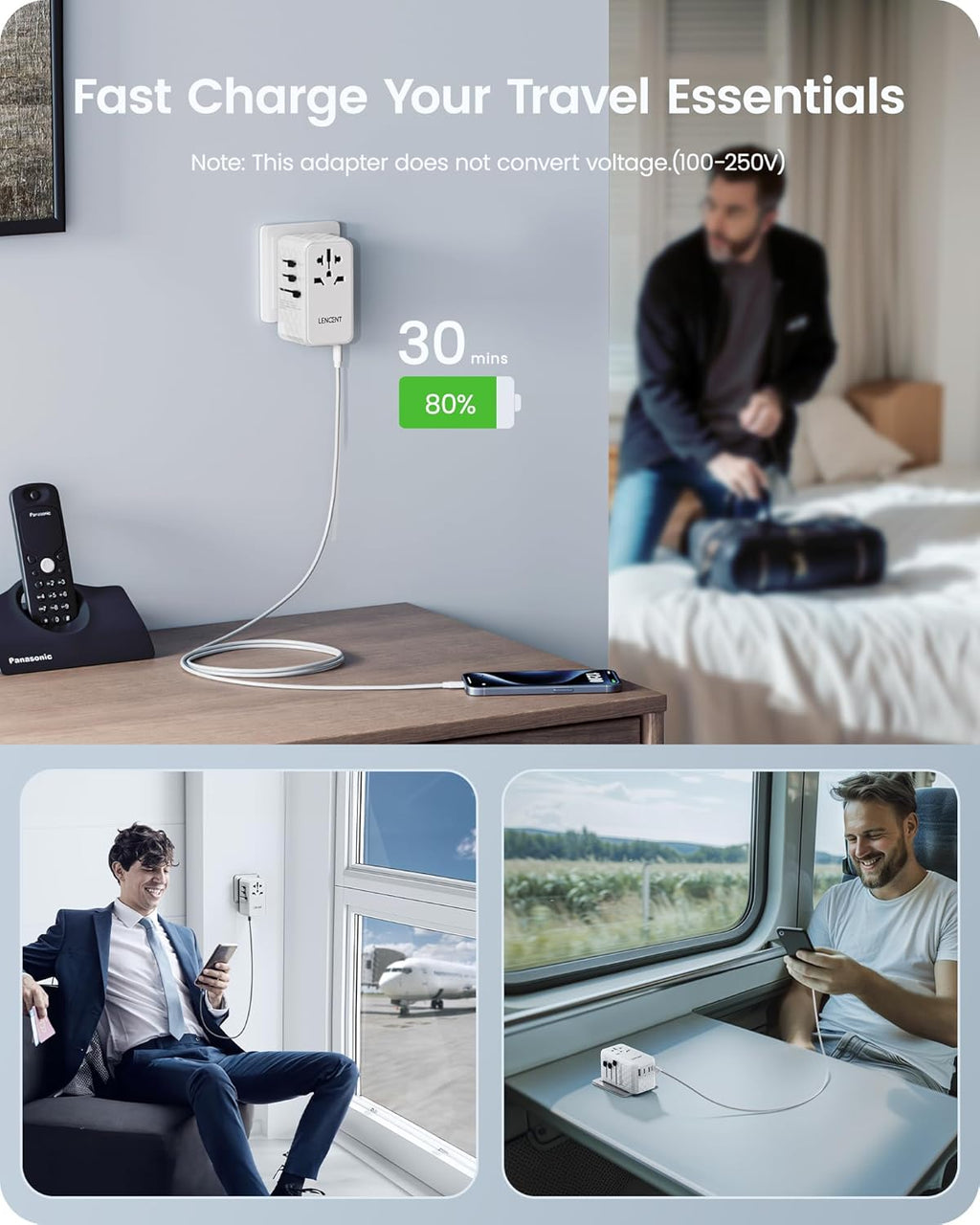 LENCENT 140W International Travel Adapter, GaN Universal Travel Adapter with 1 USB-A & 3 Type C Power Adapter, Fast Charger for Phone,Laptops, Worldwide Plug Adapter for USA/UK/EU/AUS, White