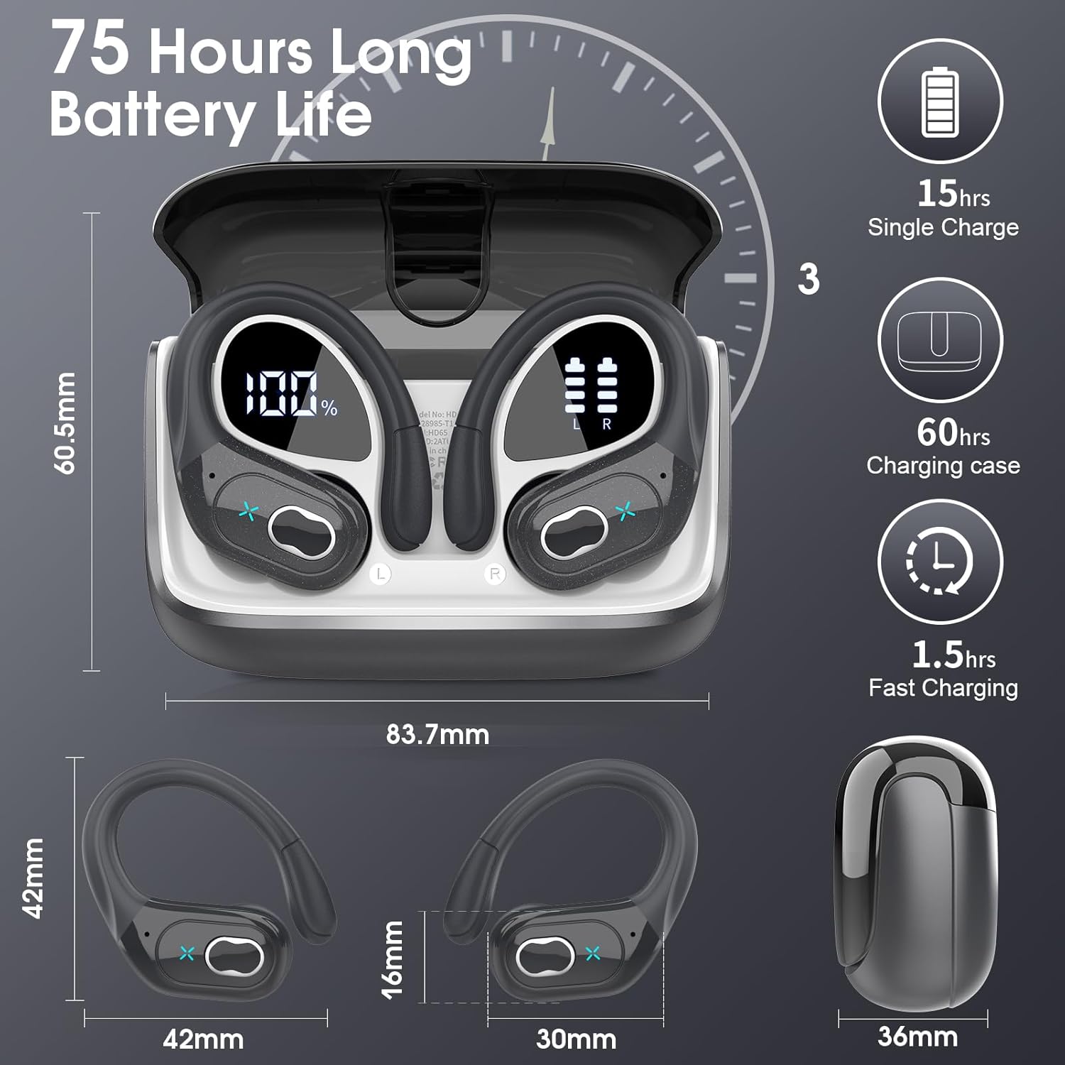 Wireless Earbuds 75hrs Bluetooth 5.4 Headphone Sport, 2025 Bluetooth Earbuds Stereo Deep Bass Over Ear Bud with Earhooks, ENC Noise Cancelling Mic, IPX7 Waterproof Earphone, Iron Gray