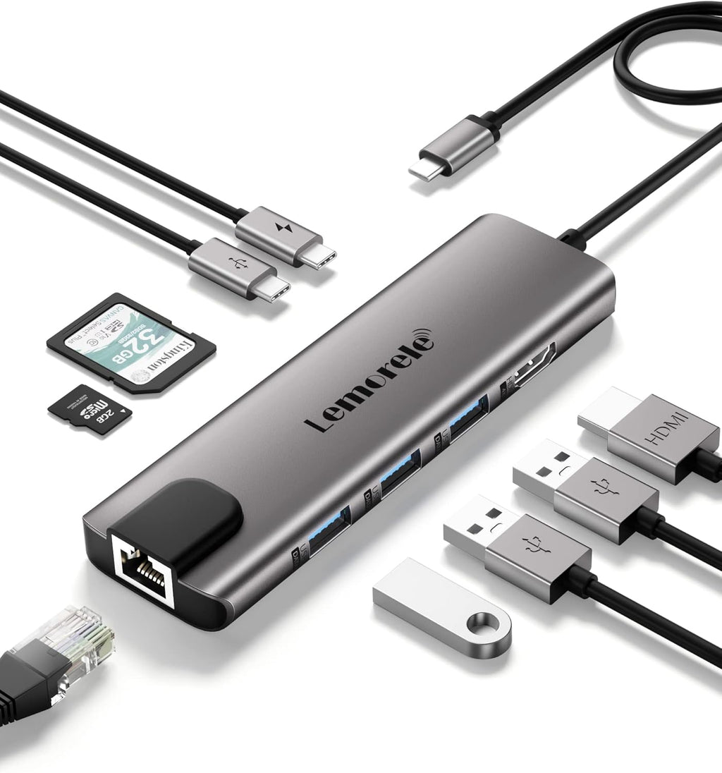 Lemorele USB C Hub Multiport Adapter 9 in 1 w/Gigabit Ethernet, 100W PD, HDMI 4K, 3 USB 2.0, 5Gbps USB C Data Port, SD/TF Card Reader, Dongle Docking Station for MacBook Lenovo HP Dell Laptops