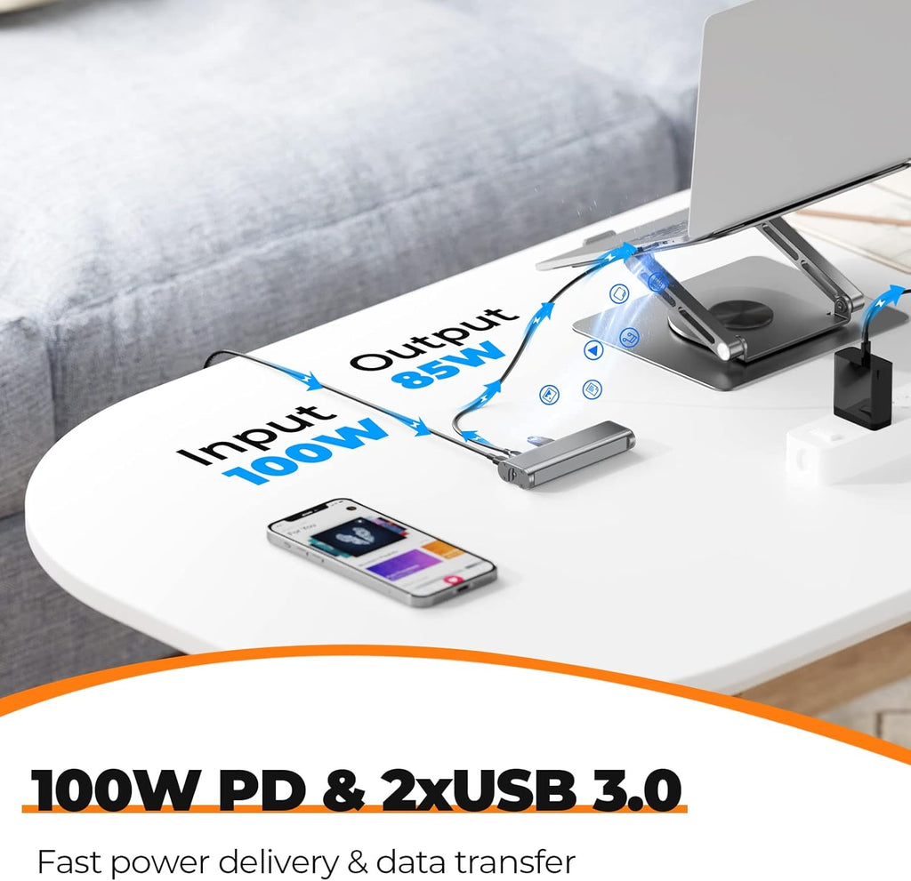 Tobenone Laptop Docking Station Stand for MacBook Pro/Air/Dell/HP/Surface/Lenovo, Mac Docking Station with 4K HDMI, USB 3.0, RJ45, PD 3.0, USB C Laptop Stand Hub for Desk with 360 Rotating Base Grey