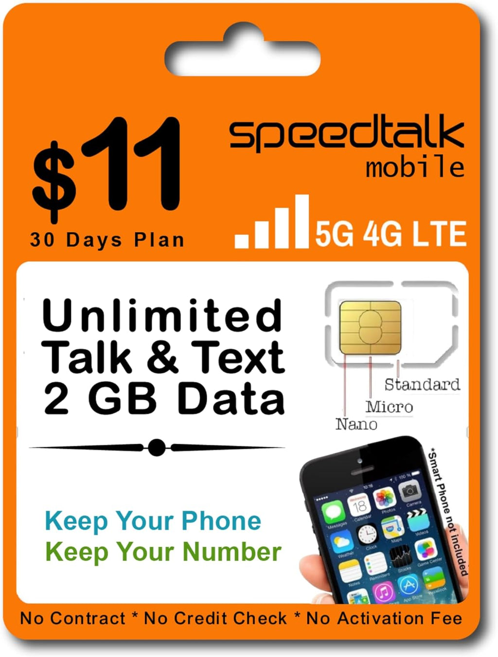 SpeedTalk Mobile Prepaid Cell Phone SIM Card for Smart Phones & Cellphones | $11 Monthly Plan - Unlimited Talk & Text + 2GB 5G 4G LTE Data | 3-in-1 SIM Card Standard Micro Nano