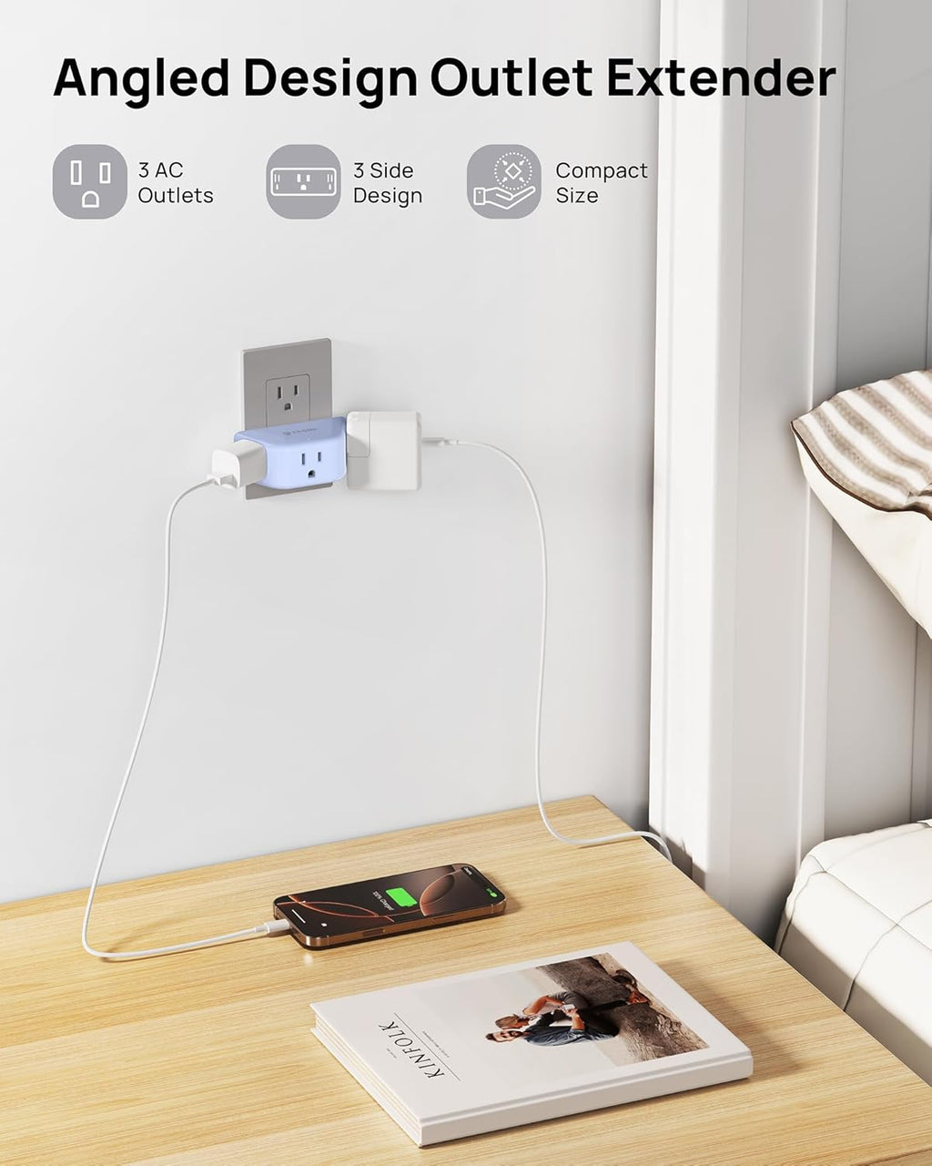 TROND Outlet Extender, 3 Way Angled Wall Plug Splitter, 3-Prong Grounded Outlet Adapter, Cruise Essentials, Compact and Practical Plug Expander for Home Decoration Travel Essentials, Blue