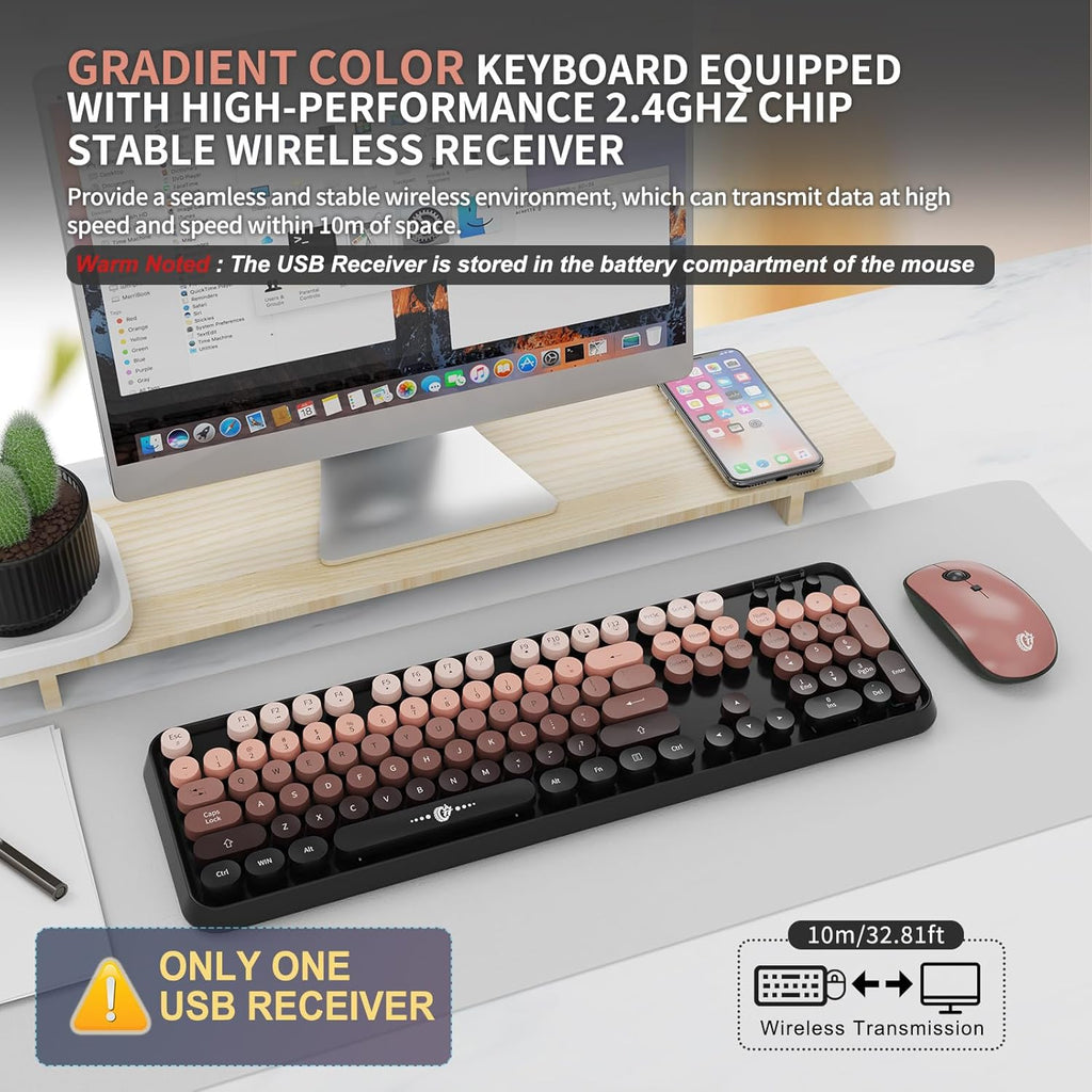 Wireless Keyboard and Mouse Combo, 104 Round Keys Cute Colorful Keyboard and Mouse with Retro Typewriter for PC/Mac/Laptop/Tablet/Computer/Windows Black