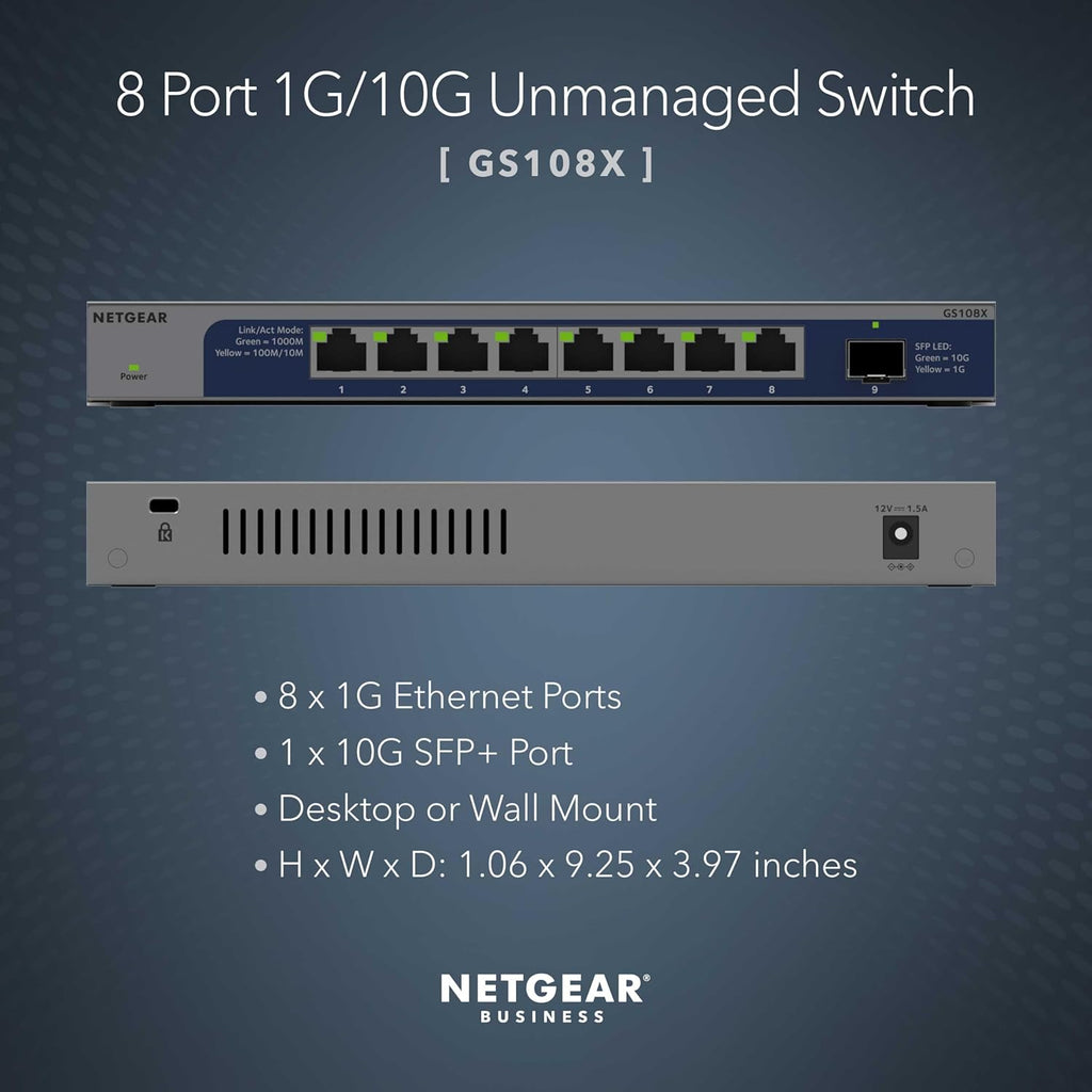 NETGEAR 8-Port 1G/10G Gigabit Ethernet Unmanaged Switch (GS108X) - with 1 x 10G SFP+, Desktop or Wall-Mount, Limited Lifetime Protection