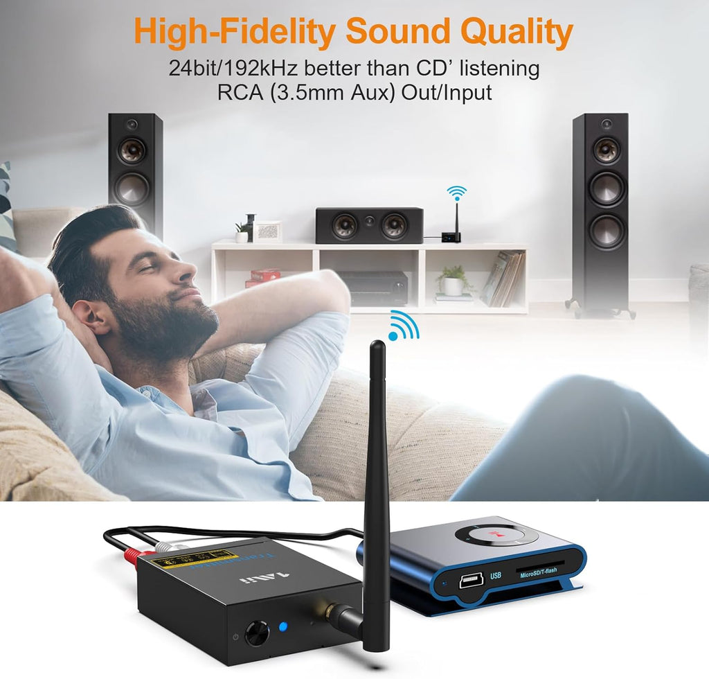 1Mii 2.4Ghz Wireless Audio Transmitter Receiver for TV, 320ft Long Range 20ms Low Delay HiFi Audio, Wireless Adapter Kit for Subwoofer/Powered Speaker/Stereo/Soundbar, RCA(3.5mm AUX) Out/Input