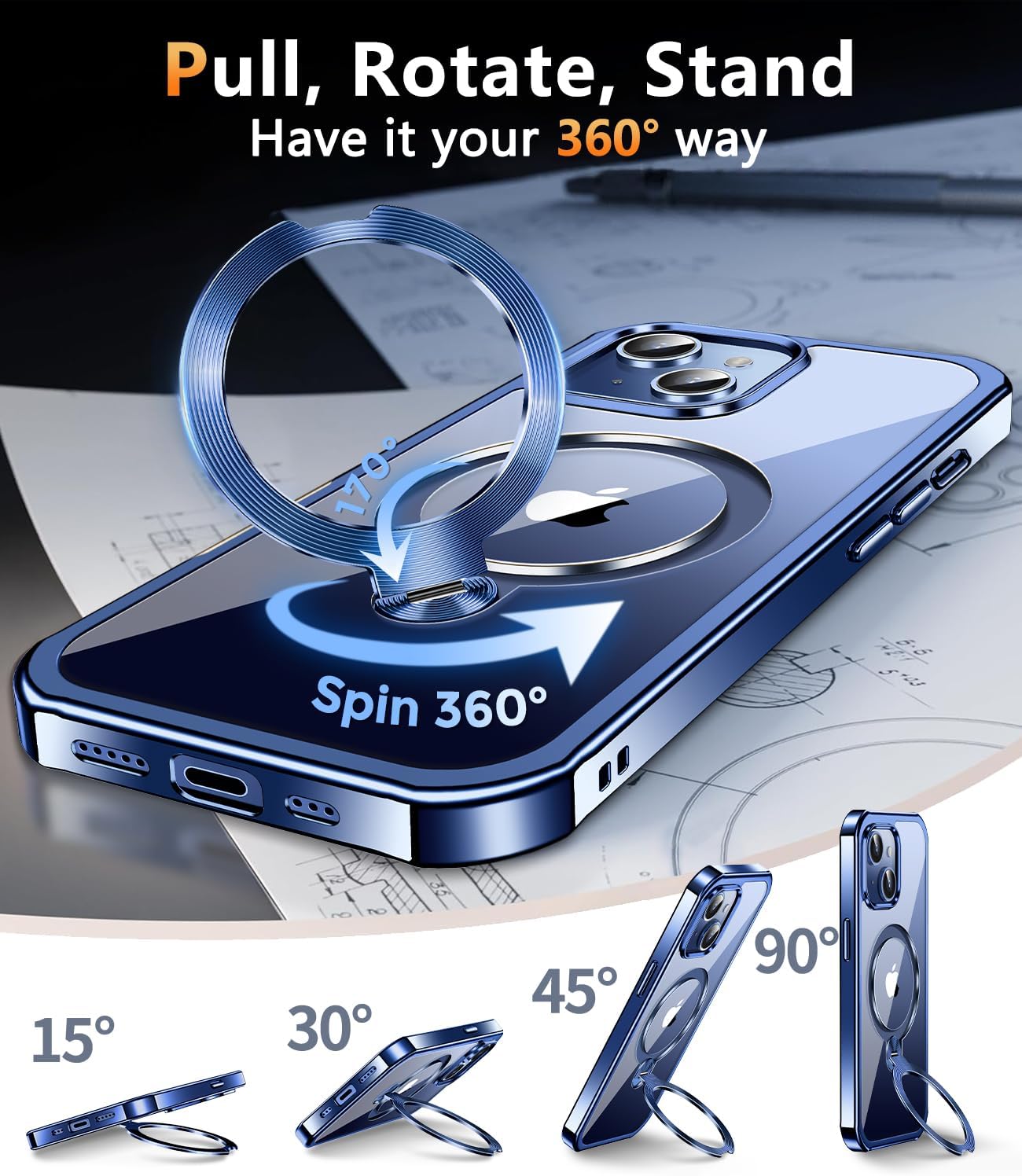 [360° Rotatable CD Stand & Built-in Privacy Screen Magnetic Case for iPhone 15 [Compatible with MagSafe & Full Signal] Mil-Grade Shockproof Full Body Anti-Spy Cover for 15-Blue