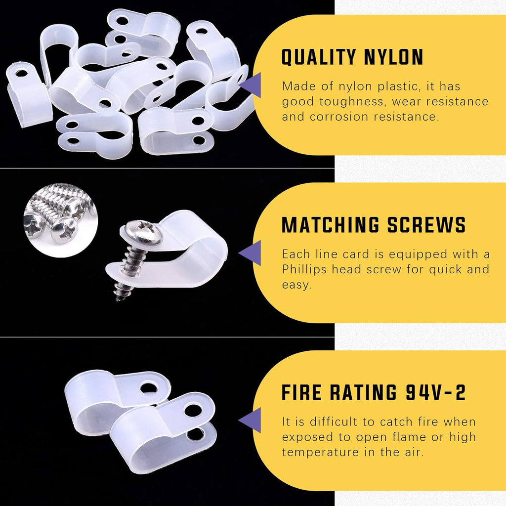 Swpeet 120 Pack White 3/8 Inch Nylon Plastic R-Type Cable Clips Clamp Kit, Nylon Screw Mounting Cord Fastener Clips with 120 Pack Screws for Wire Management (3/8 Inch, White)