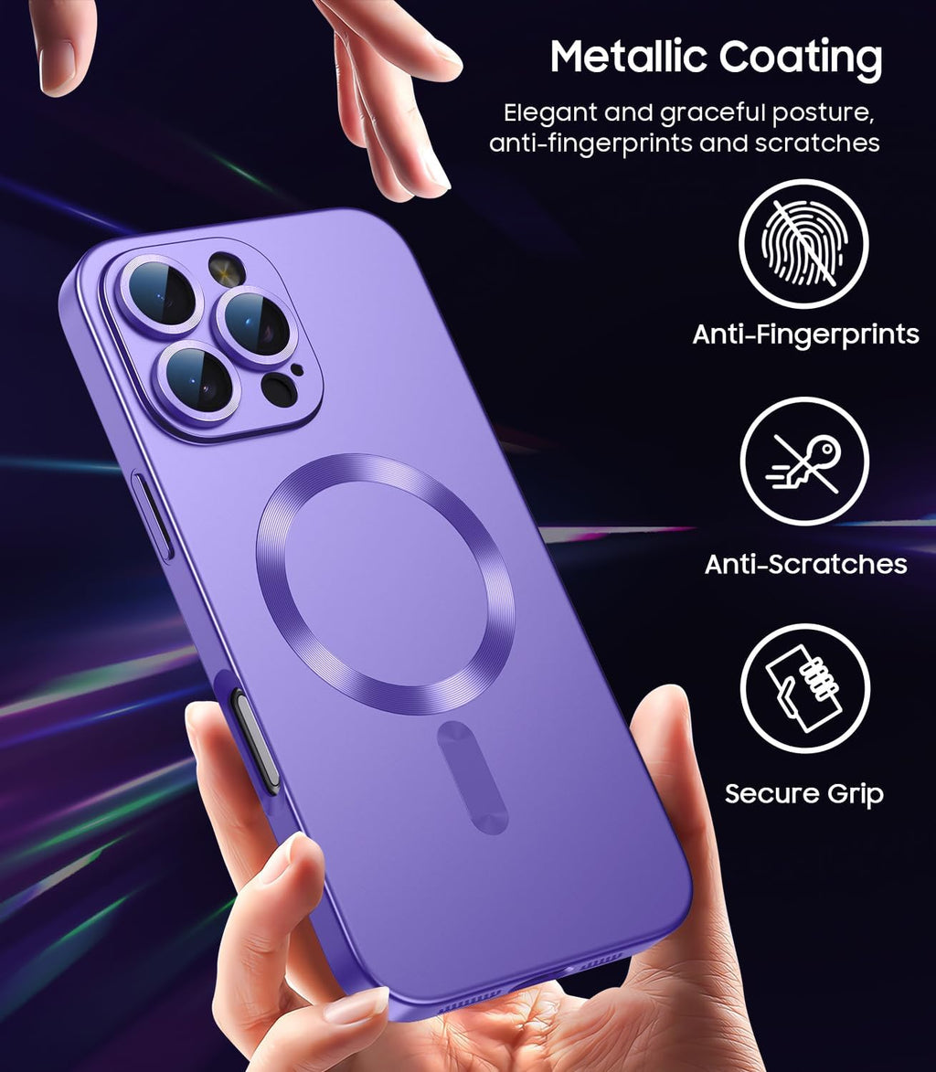 Magnetic for iPhone 16 Pro Case [Compatible with MagSafe][Built-in Camera Lens Protector] Slim Soft Silicone Bumper Shockproof Metallic Luster Phone Case (Purple)