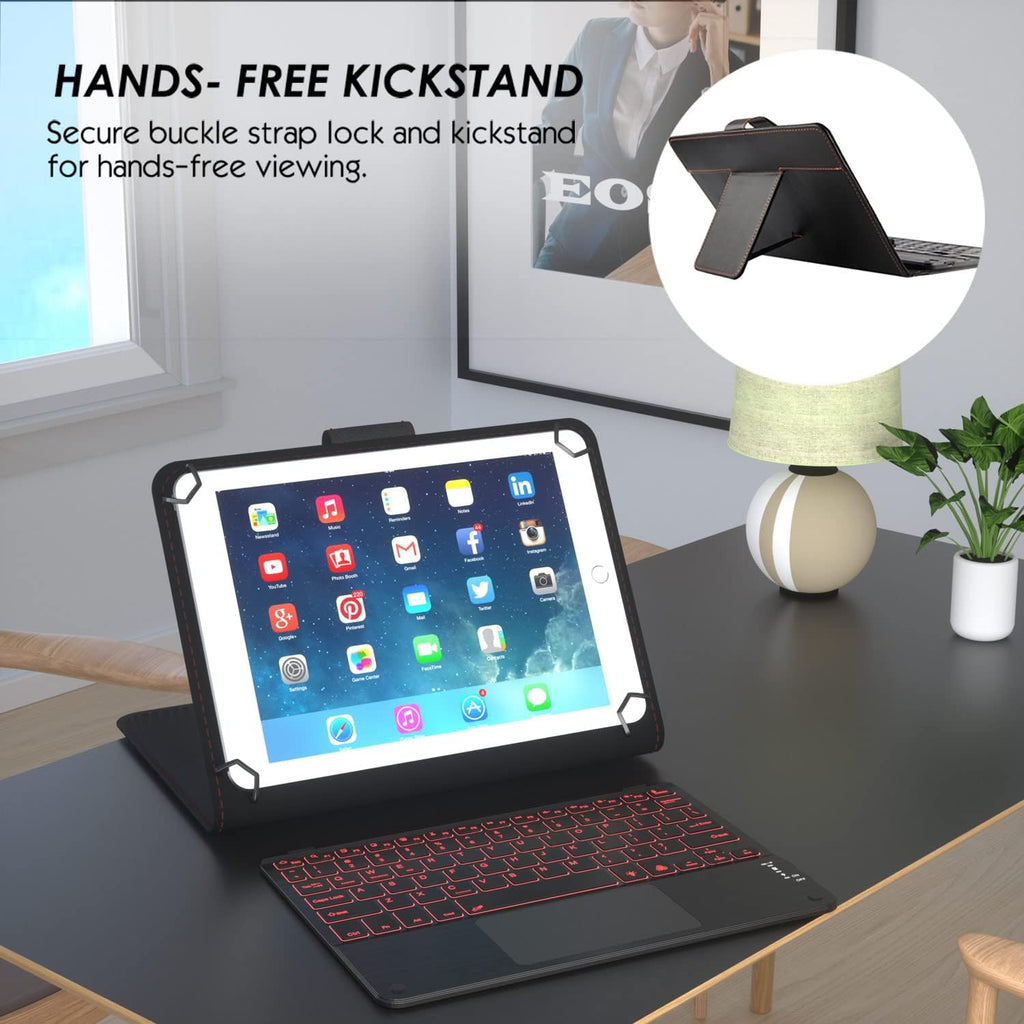 TouchPad Keyboard case for 9",9.7",10.1",10.2",10.5",10.9",11" Tablets,2-in-1 Bluetooth Wireless Keyboard with Touchpad,7 Colors Backlit & Leather Folio Cover(Black)