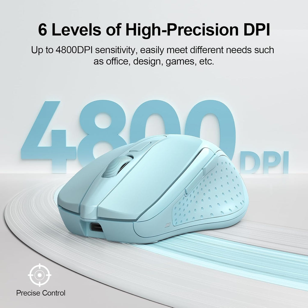 TECKNET Wireless Mouse (BT5.0/3.0 & 2.4G) Rechargeable 4800 DPI Silent USB A & Bluetooth Mouse 6 Buttons, Wide Compatibility - Lightblue