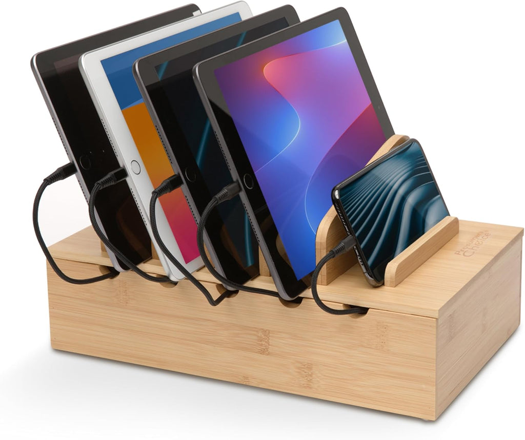 Prosumer's Choice Wooden Charging Station Organizer - 5-Port Base for Phones, Tablets and Laptops - Multi-Device Docking Station with Removable Divider Slots - Cord Box with Cable Management - Bamboo
