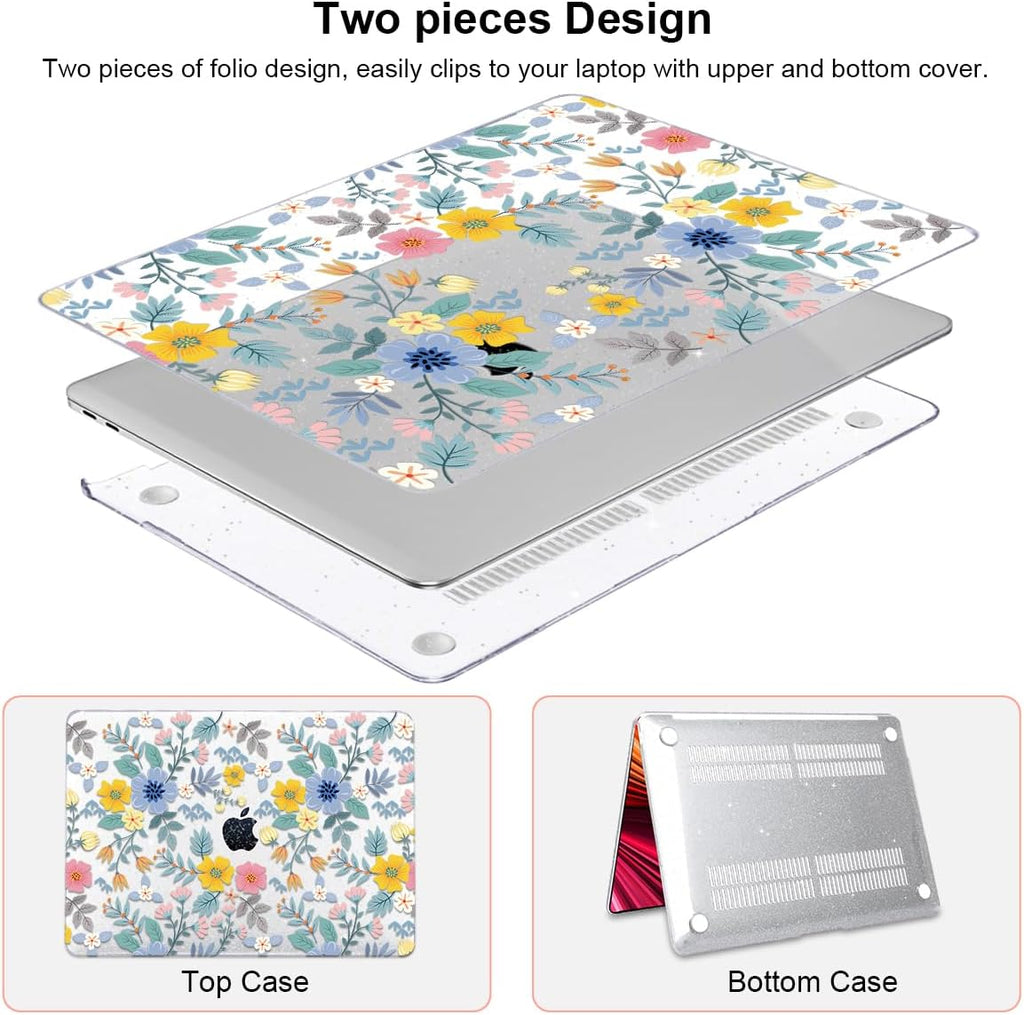 for MacBook Pro 13-inch Case 2022 2021 2020-2016 Release M2 M1 Chip A2338 A2251 A2289 A2159 A1989 A1706, Shiny Clear Pattern Plastic Hard Shell Case Keyboard Cover Screen Film, Flowers L213