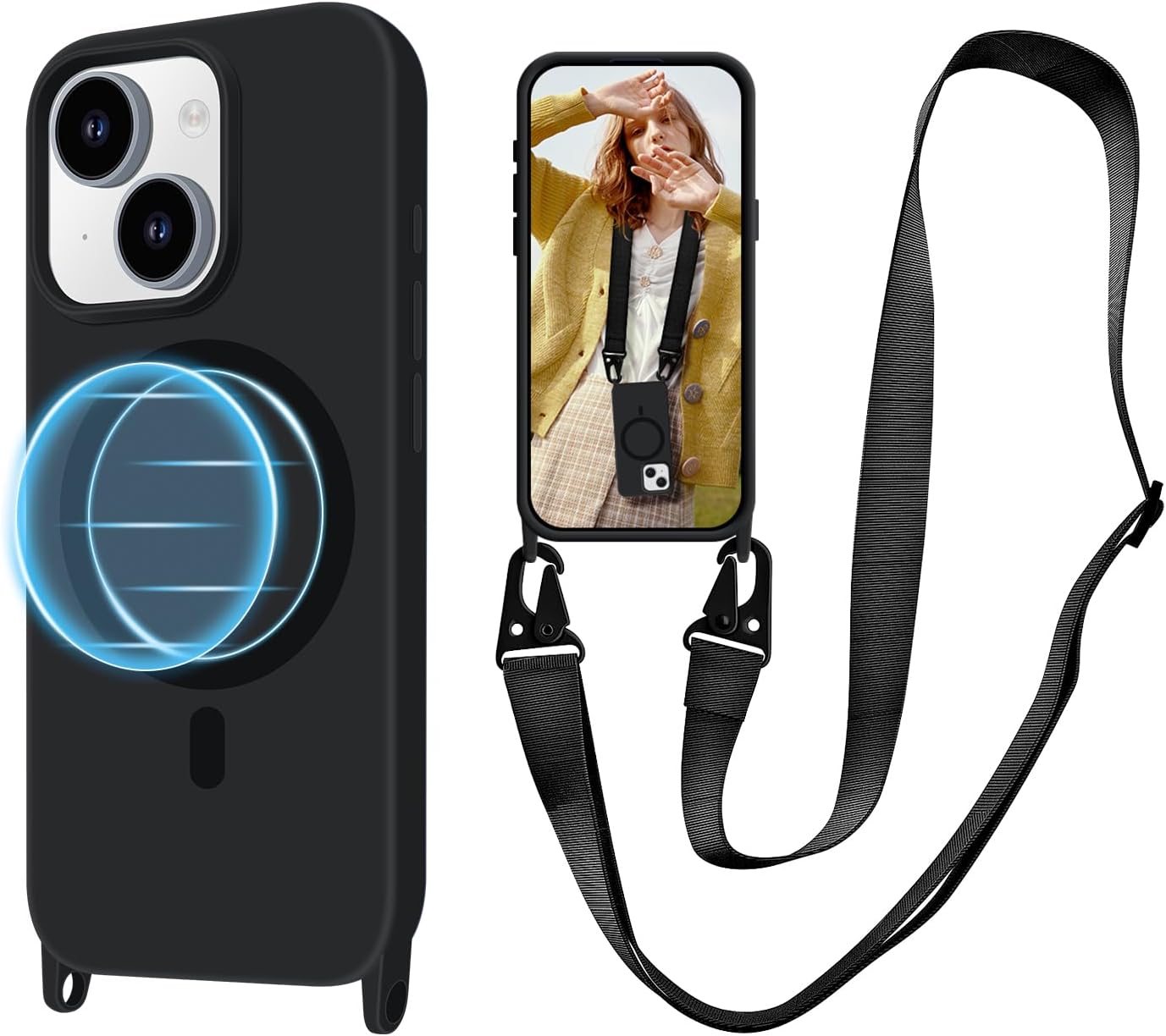 for iPhone 15 Case with Lanyard [Compatible with MagSafe], Crossbody Phone Case with Neck Strap Adjustable, Magnetic Phone Cover for iPhone 15 6.1'' Black