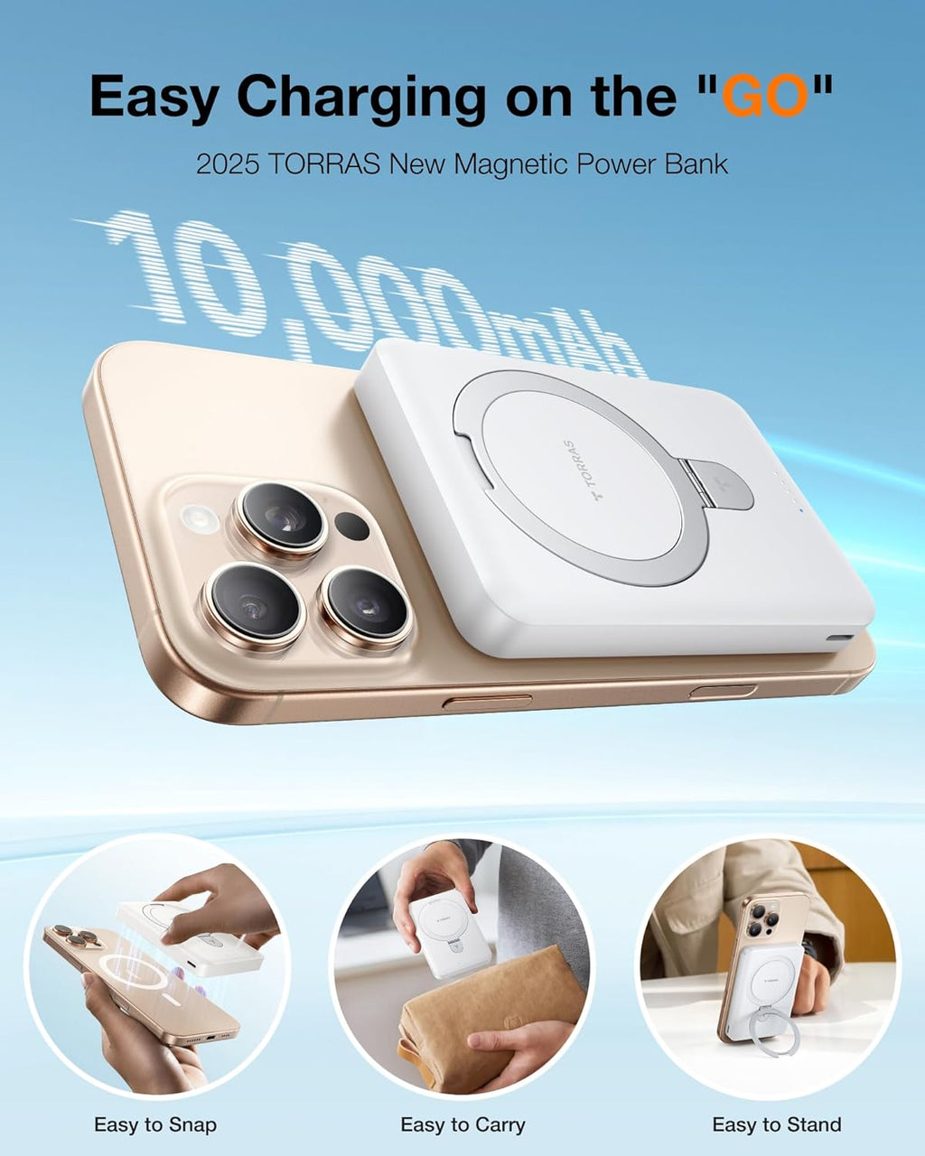TORRAS 10000mAh Magnetic Portable Charger Power Bank for iPhone, Fast Charging Travel Essential Wireless Battery Pack Slim with OStand Compatible with Magsafe, 16 Pro Max,Pro,15,14,13,12, White