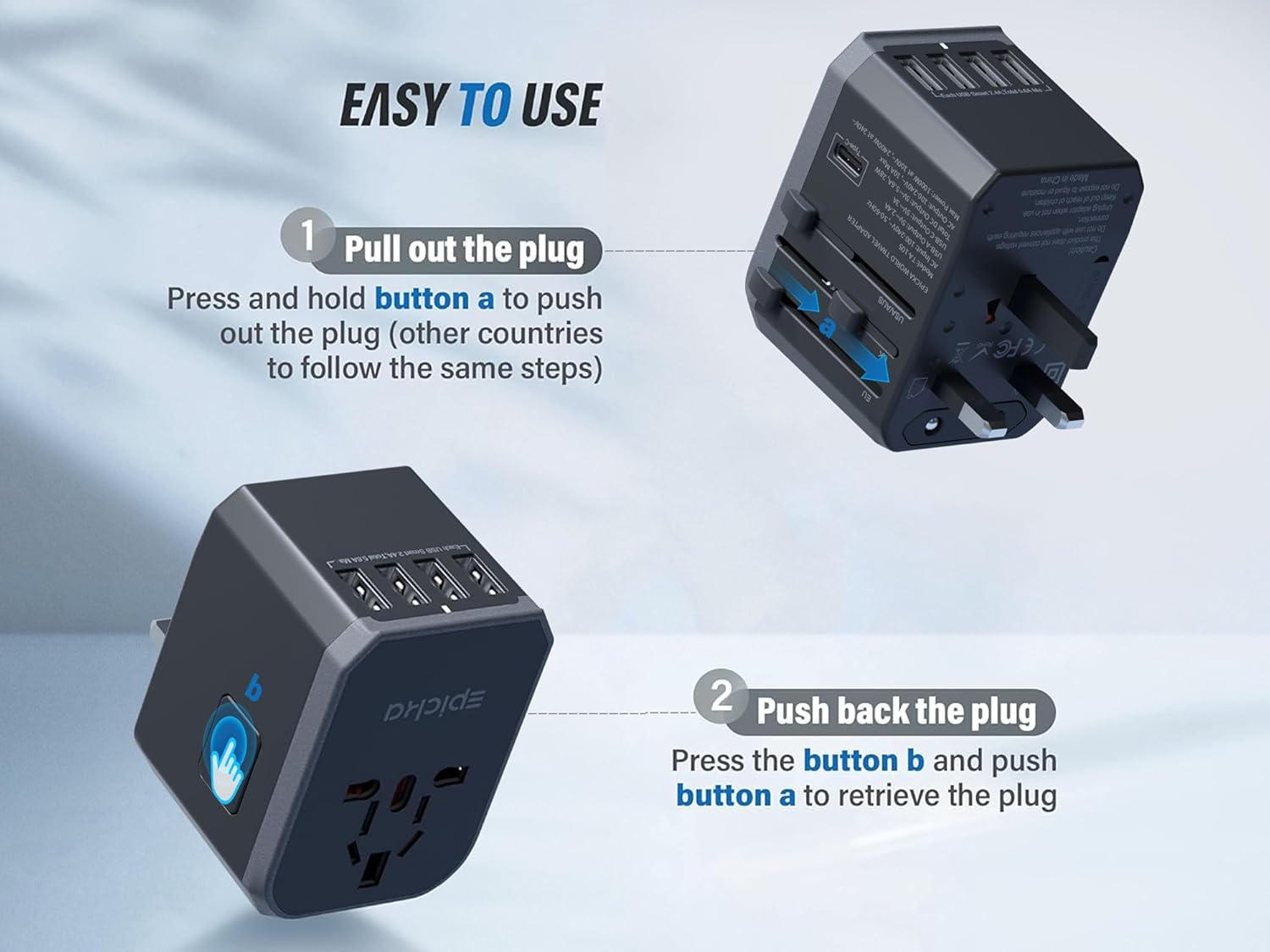 EPICKA Universal Travel Adapter, European Travel Plug Adapter (Not a Voltage Converter) - International Power Adapter Worldwide Charger with USB-C & 4 USB-A Ports, Travel Essentials (TA-105, Grey)