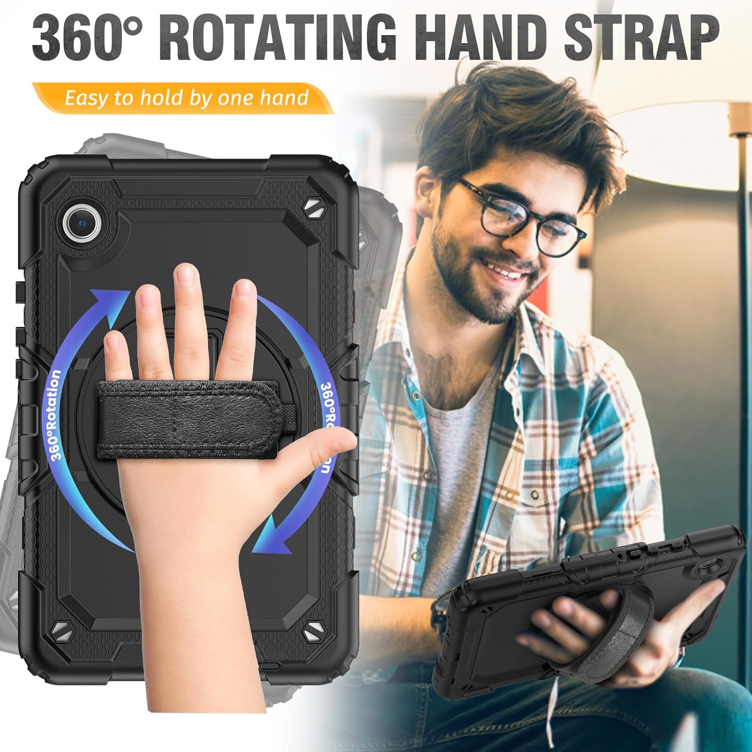 HXCASEAC Case for Samsung Galaxy Tab A7 Lite, Protective with Screen Protector/Hand Strap/Pen Holder, Sturdy A7 Lite Tablet Case, SM-T220 SM-T225 SM-T227, Black