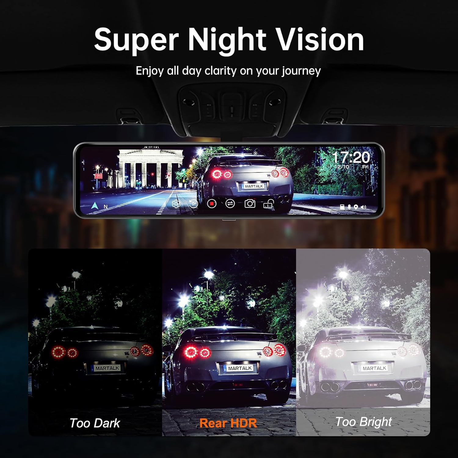 12" 4K UHD Mirror Dash Cam Front and Rear with Zoom Backup Camera, 2160P Dual Rear View Mirror Camera for Cars & Trucks, 64GB Card Included, GPS, WDR, Super Night Vision, Parking Assist & G-Sensor