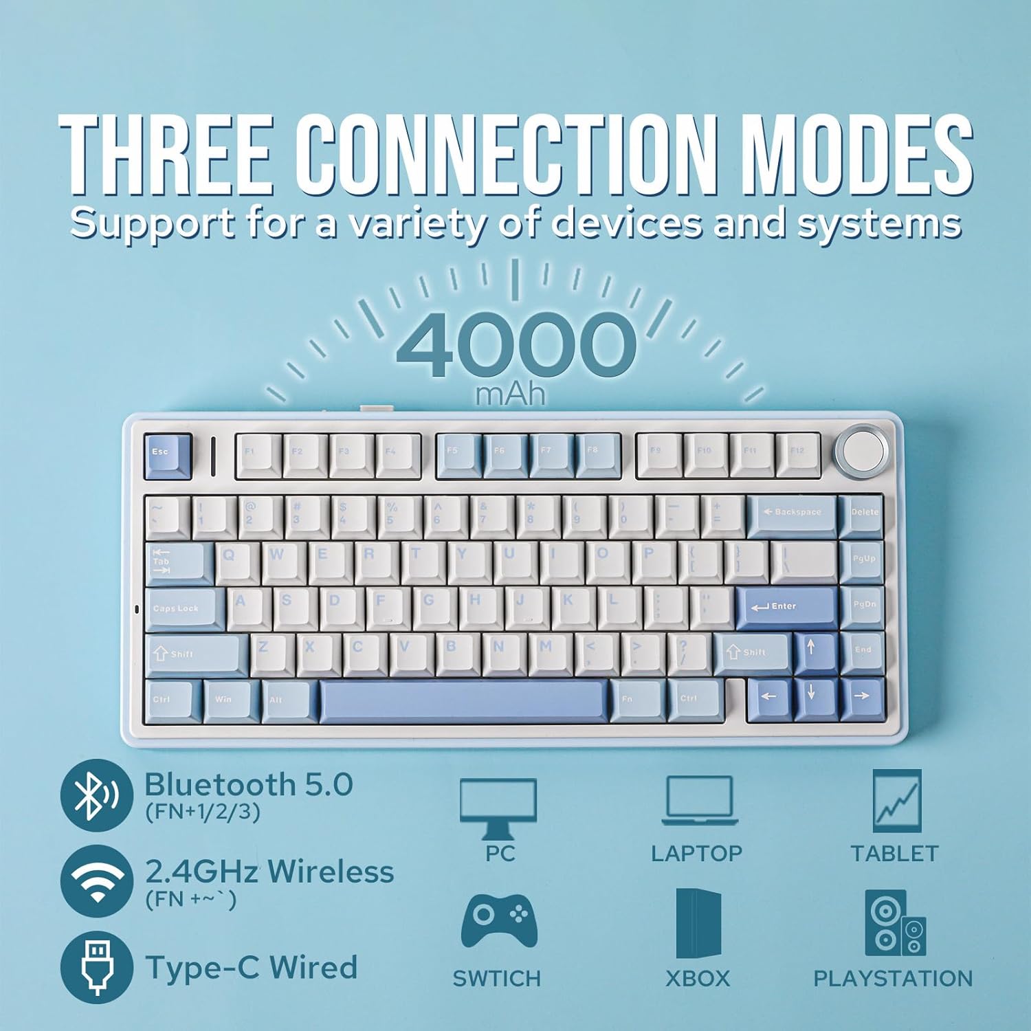 EPOMAKER x Aula F75 Gasket Mechanical Keyboard, 75% Wireless Hot Swappable Gaming Keyboard with Five-Layer Padding&Knob, Bluetooth/2.4GHz/USB-C, RGB (Sea Salt Blue, Ice Vein Switch)