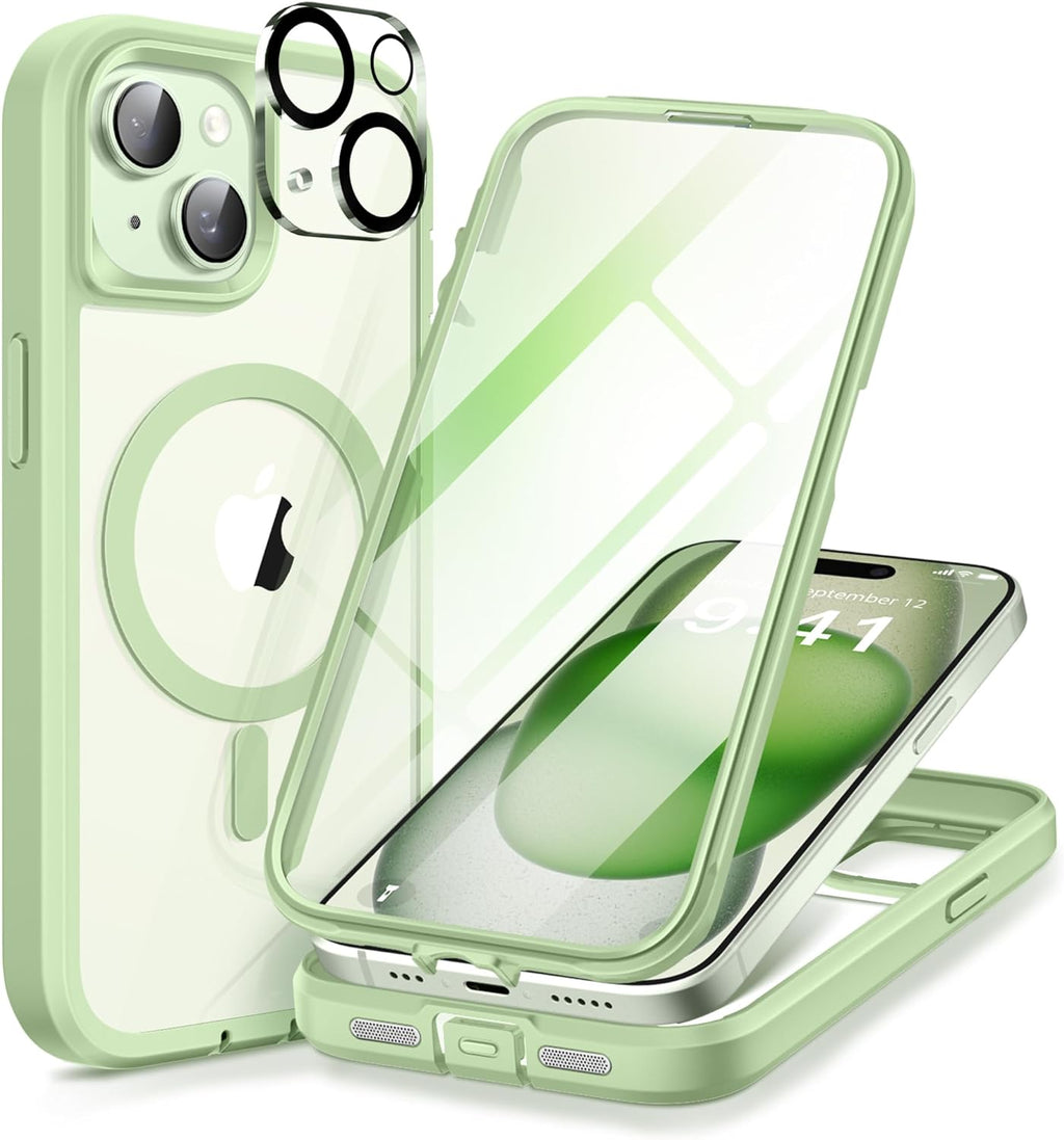 Magnetic for iPhone 15 Case, Compatible with Magsafe, Built-in Screen Protector and Camera Protection, Full Body Dustproof Shockproof Hard Phone Case 6.1", Mint Green