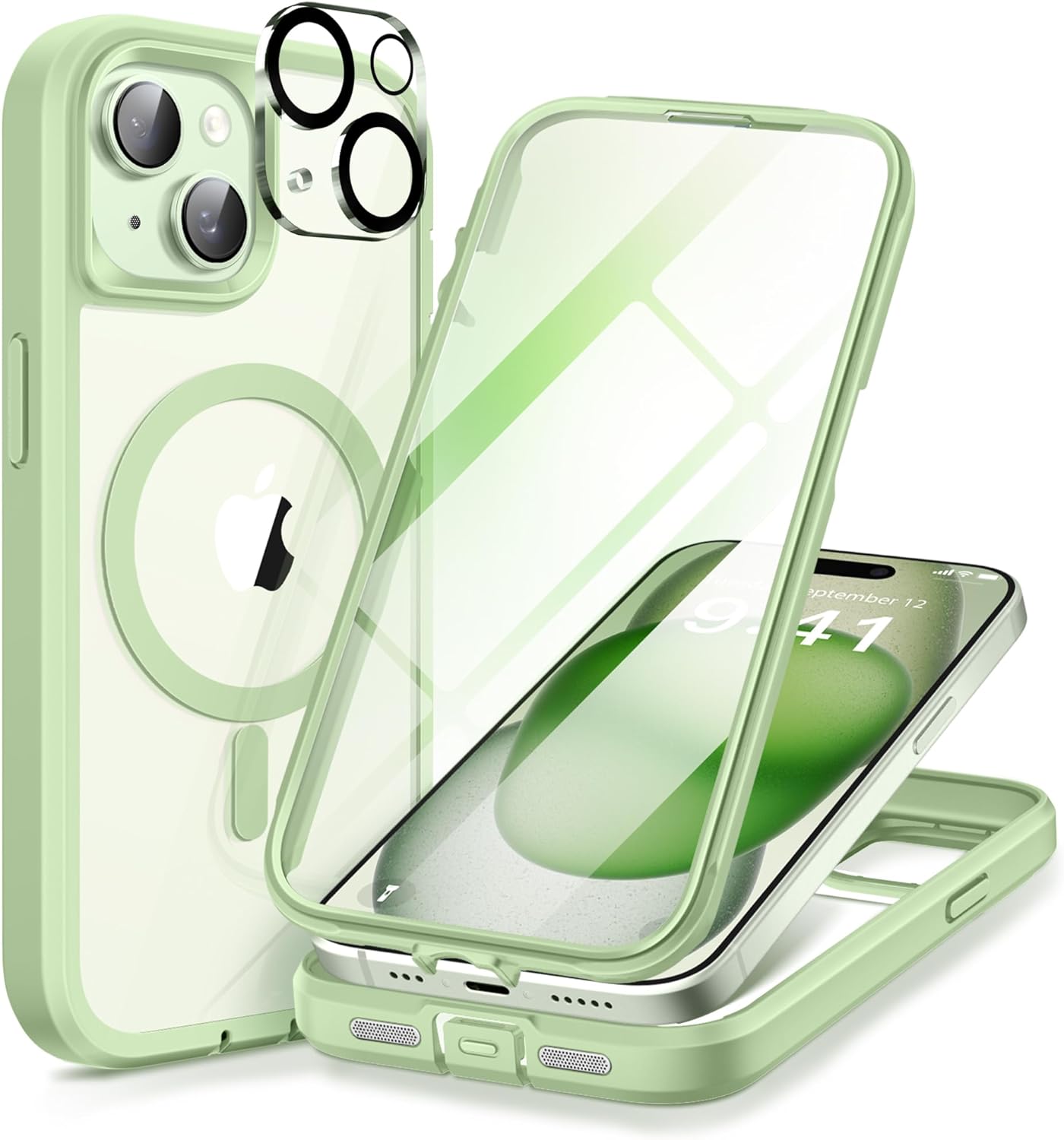 Magnetic for iPhone 15 Case, Compatible with Magsafe, Built-in Screen Protector and Camera Protection, Full Body Dustproof Shockproof Hard Phone Case 6.1", Mint Green
