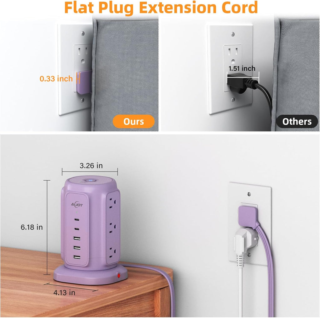 AiJoy Flat Plug Power Strip Tower with 9 Outlets and 5 USB Ports (2 USB C), 1200J Surge Protection with 1625W Extension Cord with Multiple Outlets for Dorm Home Office Supplies, Purple