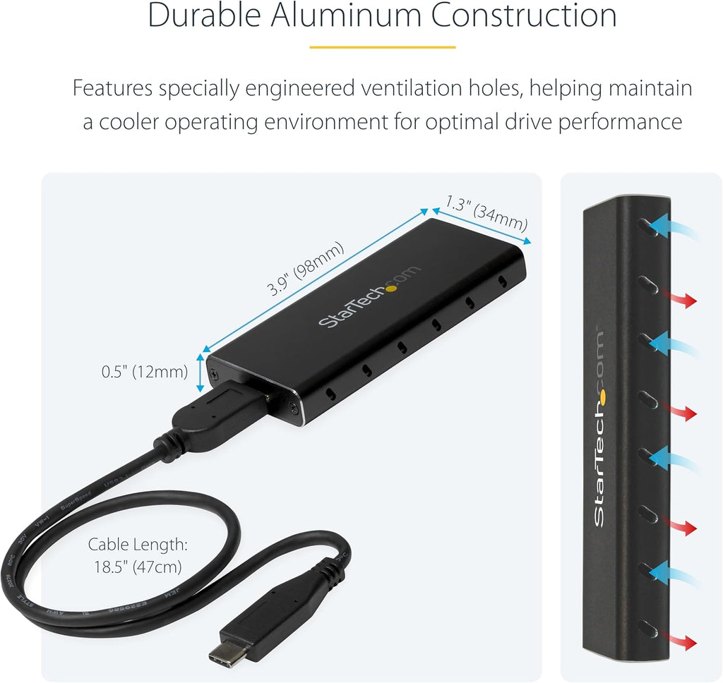 StarTech.com M.2 SSD Enclosure for M.2 SATA SSDs - USB 3.1 (10Gbps) with USB-C Cable - External Enclosure for USB-C Host - Aluminum, TAA (SM21BMU31C3)