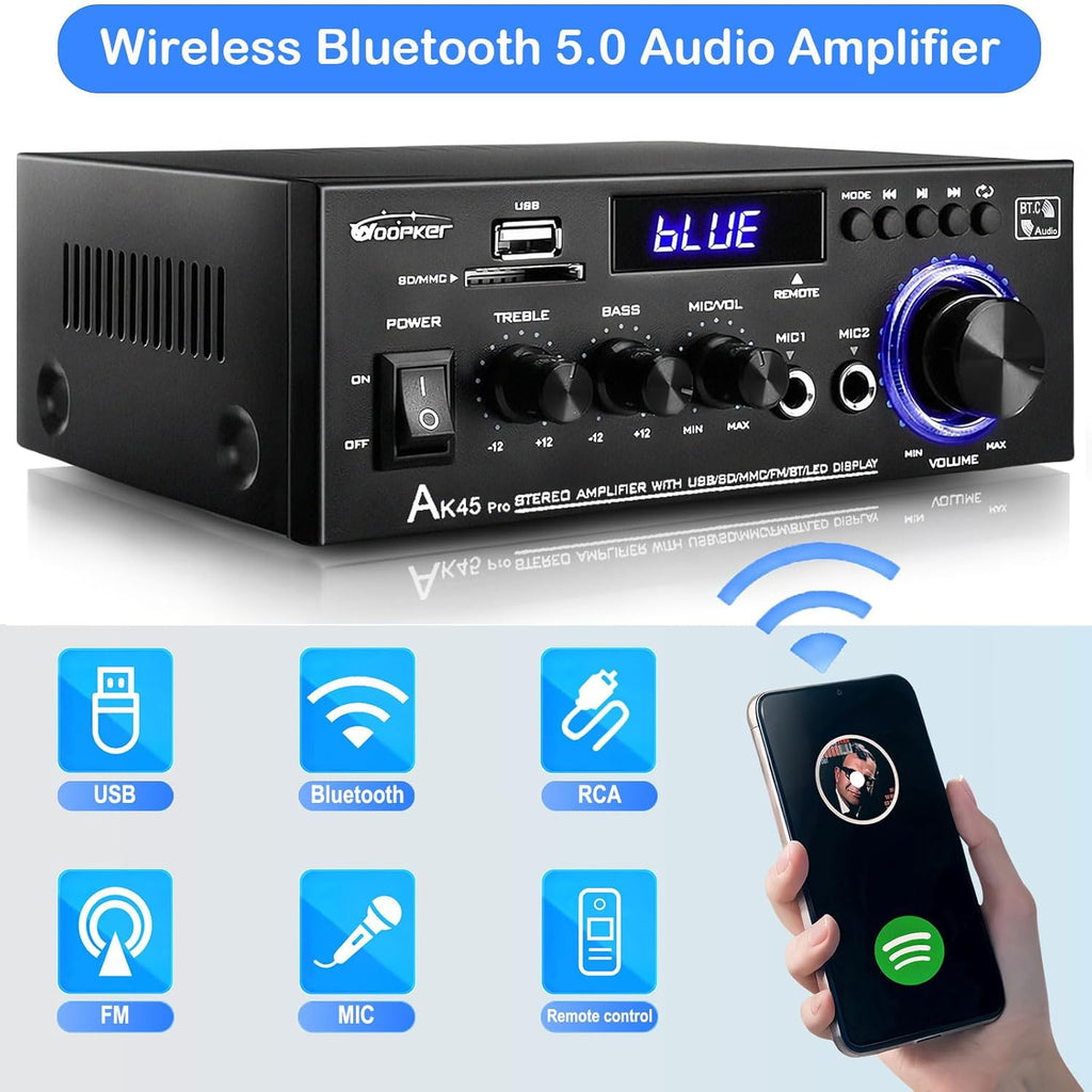AK45 Pro Stereo Amplifier Home Audio, Stereo Receivers with Bluetooth 5.0,Max 400W, 2.0 Channel Audio Receiver for Home Theater Speakers w/USB/SD/RCA/2 MIC in for Karaok