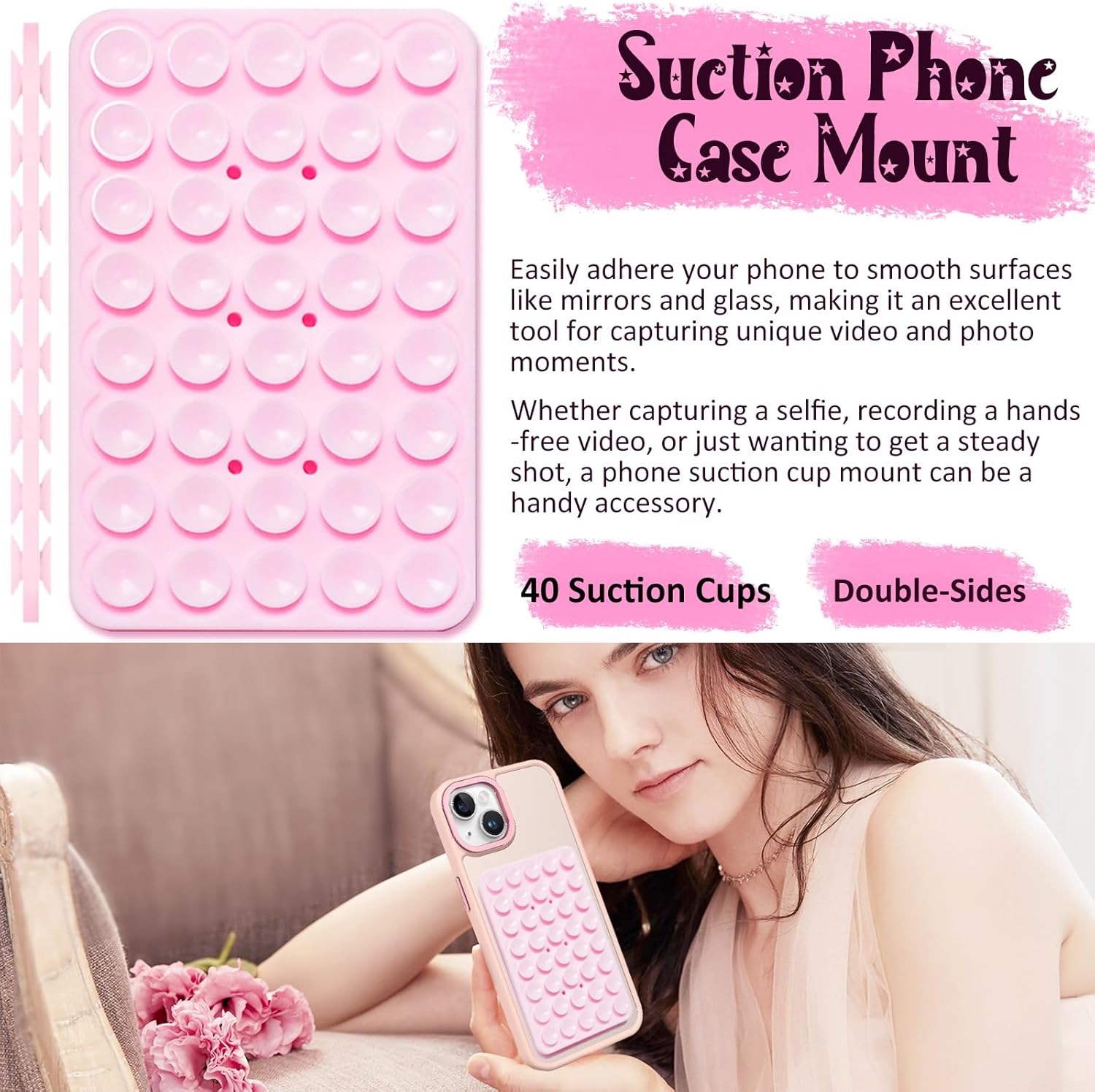 2 Pack Silicone Suction Cup Phone Case Mount Double Sided, Hands-Free Strong Grip Silicon Phone Holder, Non Slip Phone Accessories for Selfies and Videos (Light Pink&Translucent)