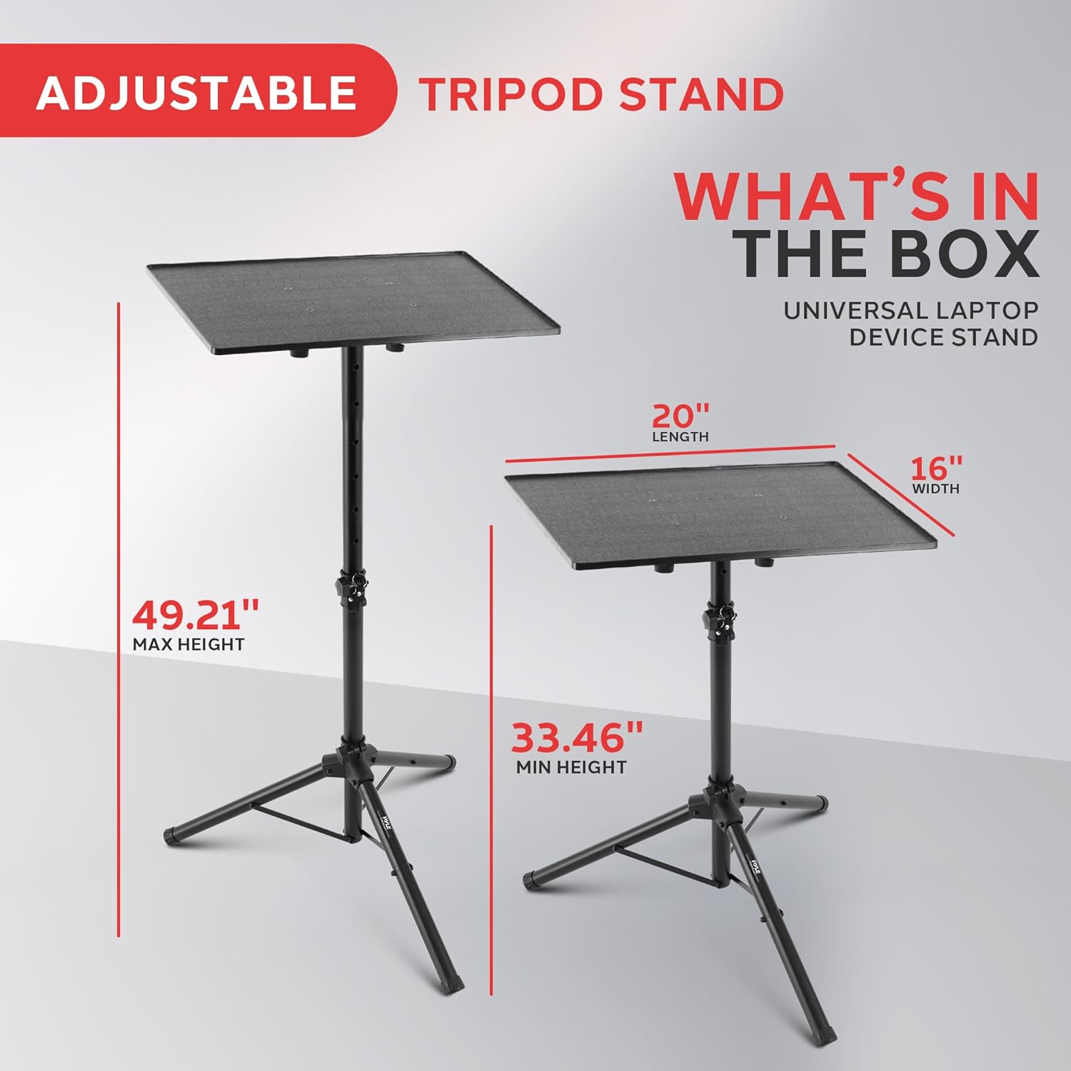 Pyle Universal Projector Stand – Adjustable Tripod for Laptop, DJ Gear, Projectors – Heavy-Duty, Portable – Height Adjustable 28" to 46" – Ideal for Stage, Studio, Office, Events