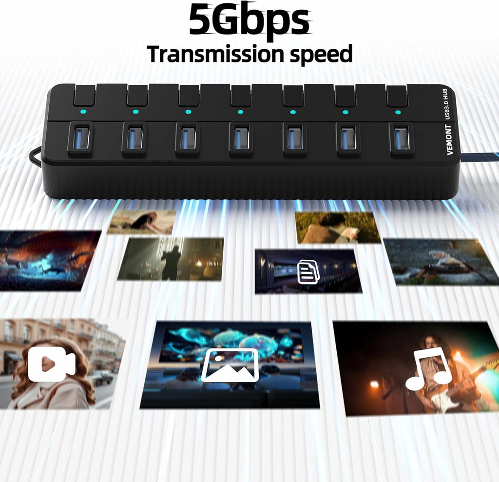USB hub,7 Port USB 3.0 Hub,VEMONT USB Splitter with Individual On/Off Switches and Lights, 4ft/1.2m USB HUB Long Cable, USB Extension for Laptop and PC Computer