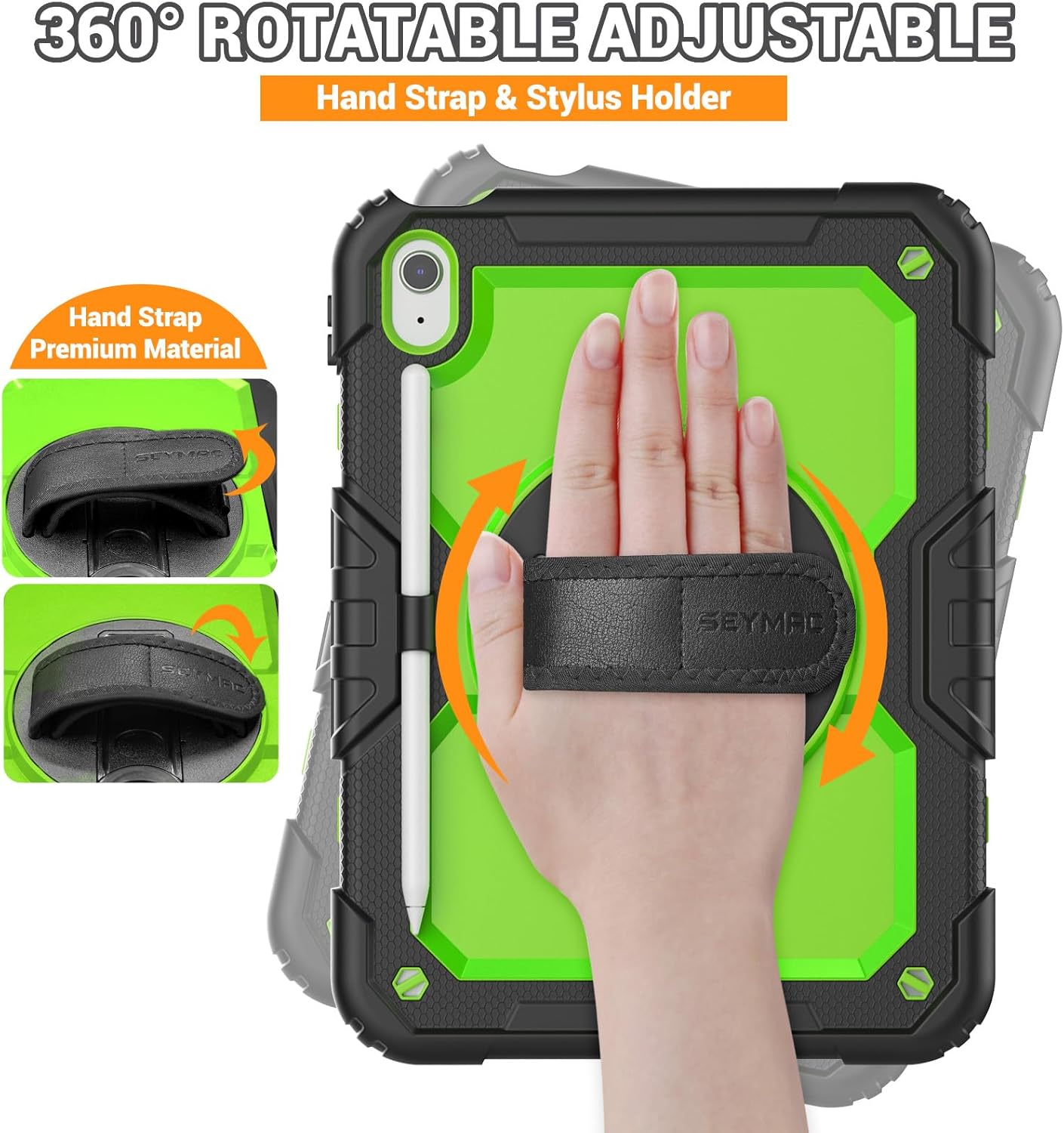 SEYMAC Case for iPad (A16) 11th/10th Generation 2025/2022 (11″/10.9″), Sturdy Heavy Duty Full-Body Shockproof Protective Case with Screen Protector, Rotating Stand, Hand/Shoulder Strap, Black/Green