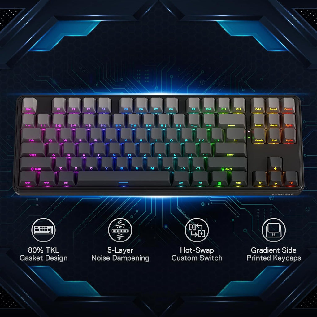 Redragon K707 PRO GB 80% Gasket RGB Gaming Keyboard, 3-Modes Wireless TKL Mechanical Keyboard w/Hot-Swap South-Facing LEDs Socket, PBT Gradient Keycaps & 5-Layer Noise Dampening, Custom Linear Switch