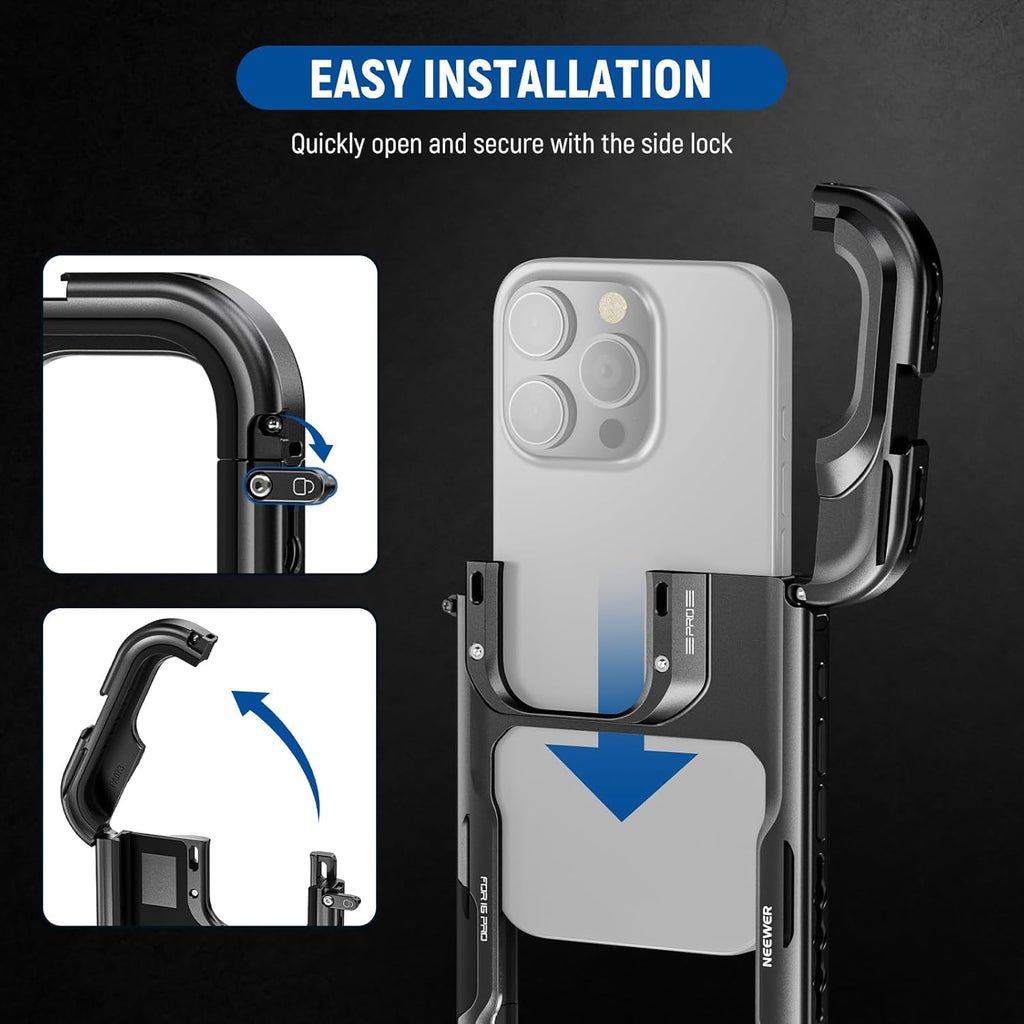 NEEWER 16 Pro Cage, Quick Release Video Rig Phone Stabilizer Compatible with iPhone 16 Pro with Adapters of 67mm Filter, 17mm Lens & T Mount Lens, Full Camera Control Access, PA073