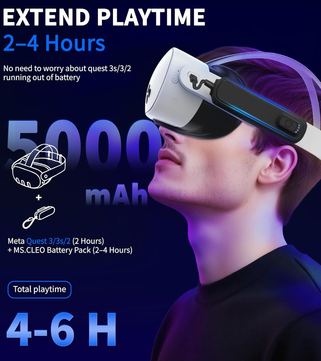 2-Pack 5000mAh Battery Pack for Meta/Oculus Quest 3S/3/2, 18W PD Fast VR Charger, Extended 4-8H Playtime, Dual Fast Charging, Clip-On Power Banks, Lightweight & Safe, Meta Quest 3S/3/2 Accessories