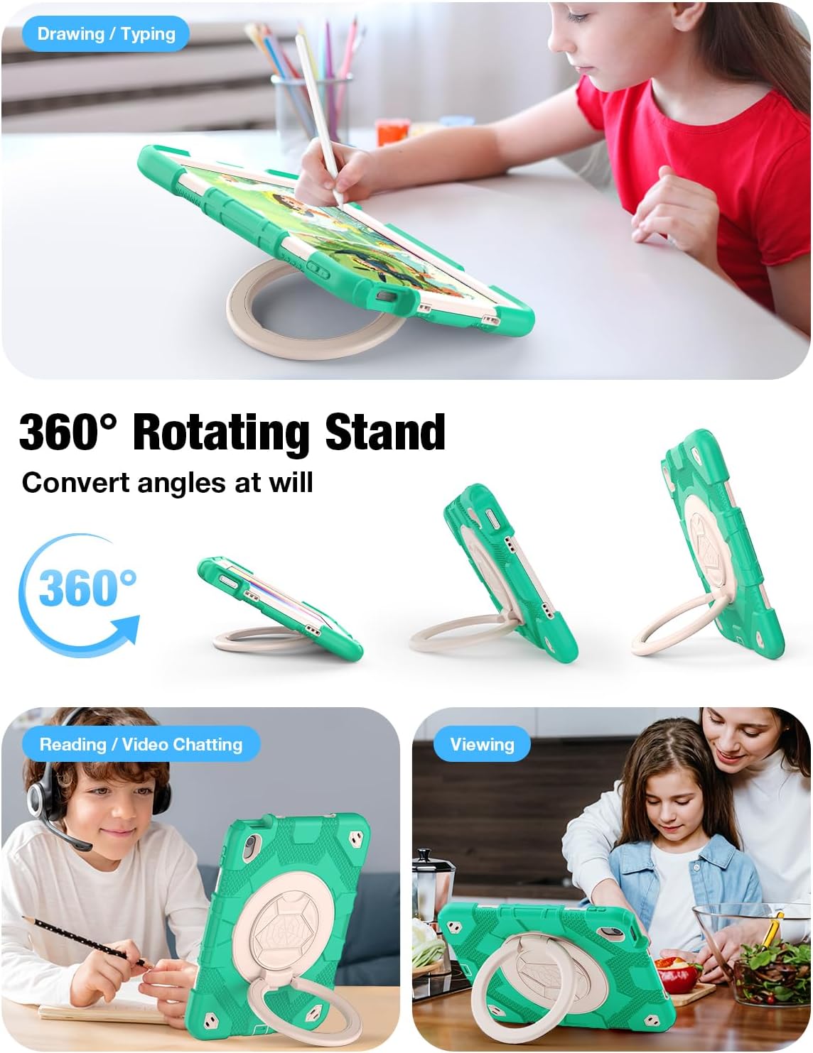SCSVPN for iPad (A16) 11th/10th Generation Case 11 inch 2025/10.9 inch 2022, Rugged Shockproof Protective Silicone Case for Kids with Pencil Holder, Rotate Stand & Handle, Shoulder Strap - Mint Green
