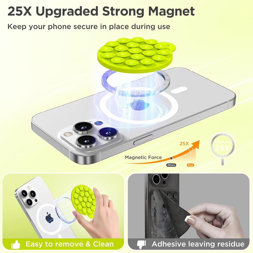 Magnetic Suction Cup Phone Mount for MagSafe Case, Silicone Hands-Free Grip Holder for iPhone and Android, Mirror Shower Phone Stand for Makeup FaceTime Gym Kitchen Bathroom, Neon Yellow