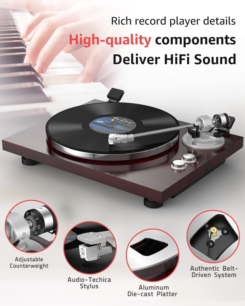 Turntable Record Player Wireless Output Carbon Fiber Tonearm Vinyl Player Aluminium Platter Belt-Drive LP Turn Tables 33 1/3&45 RPM Audio Phono RCA Line Out AT-3600L MM Cartridge Pale Walnut Red