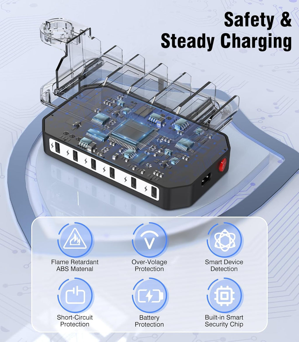 [2025 Upgraded] 6 IN 1 Fast Charging Station for Multiple Device【Durable & Safe Charging】6 Ports Charging Dock Organizer with 6 Cables & 2 Stands for Cellphone/Tablet/Kindle/iWatch & Other Electronic