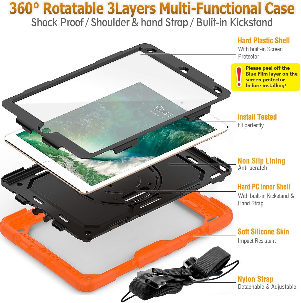 SEYMAC stock Case for iPad Air 3 2019 / Pro 10.5'' with Screen Protector Pen Holder [360° Rotate Hand Strap/Stand], Drop-Proof Case (Black+Orange)